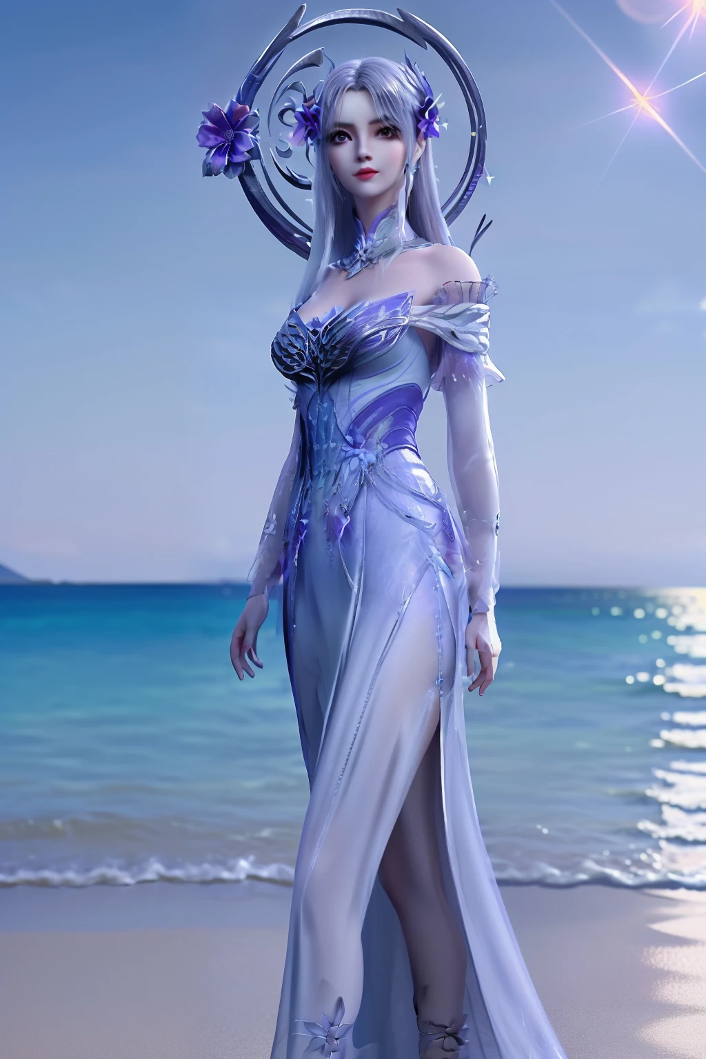 masterpiece,best quality,8k,absurdres,highres,
xiaoyixian,1girl,solo,purple dress,((silver circle:1.2)),breasts,((glowing flower:1.2)),((hair ornament:1.3)),closed mouth,looking at viewer,long dress,pale skin,(side slit:1.2),
(sparkle:1.2),(glitter:1.1),(sunlight:1.2),slim legs,high heels,wind lift,water,beach,