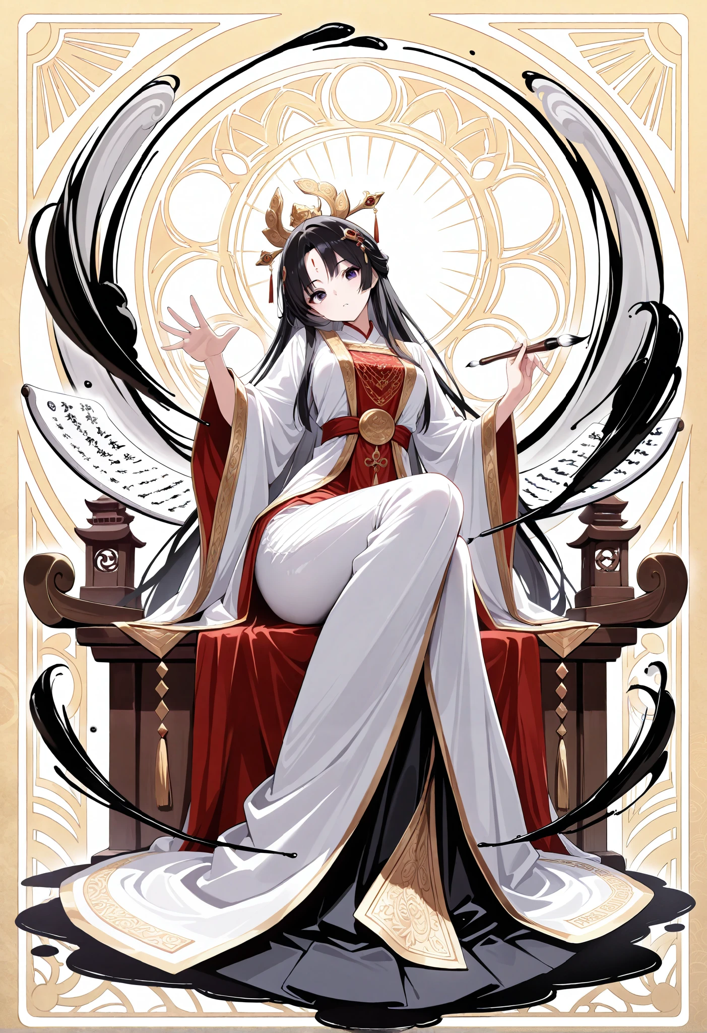 1girl, solo, long hair, black hair, hair ornament, traditional outfit, white robes, ornate clothing, gold accents, dynamic pose, calligraphy brush, ink traills, twisted torso, open palm, sitting, head tilt, graceful,open hand, scrolls, artistic, celestial , knowledge, heavenly background, temple. detailed eyes, long pants, masterpice, best quality, high quality, ultra detailed, 8K