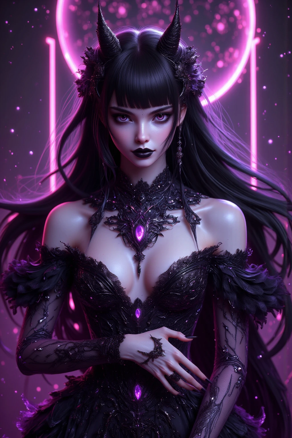 A stunningly beautiful female vampire, with piercing violet eyes and black red locks, adorned with a menacing spiked choker.