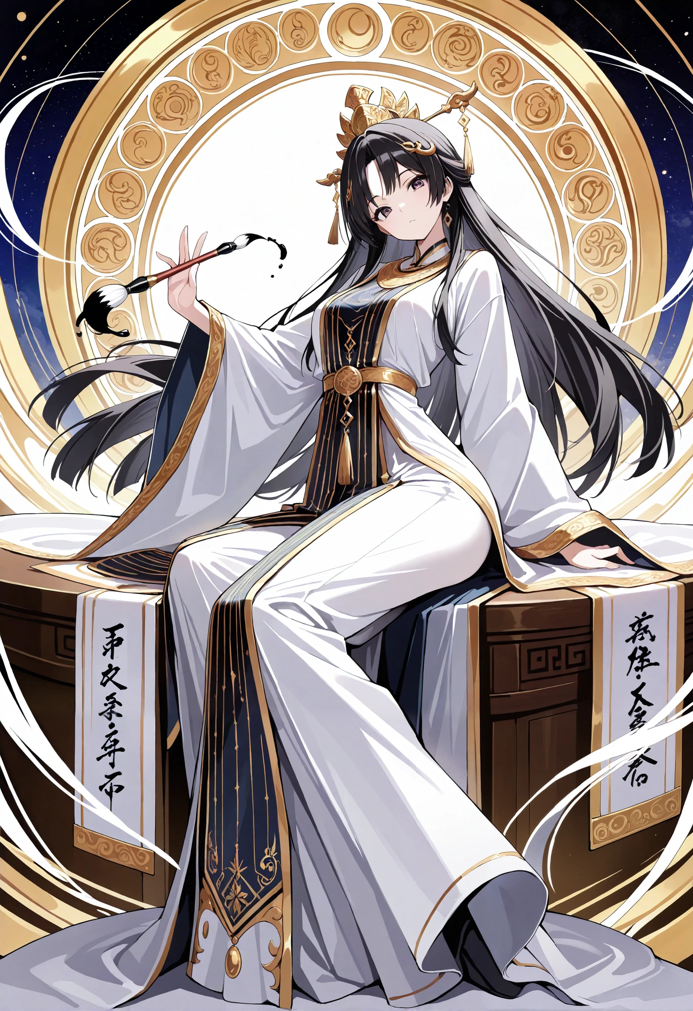 1girl, solo, long hair, black hair, hair ornament, traditional outfit, white robes, ornate clothing, gold accents, dynamic pose, calligraphy brush, ink traills, twisted torso, open palm, sitting, head tilt, graceful,open hand, scrolls, artistic, celestial , knowledge, heavenly background, temple. detailed eyes, long pants, masterpice, best quality, high quality, ultra detailed, 8K