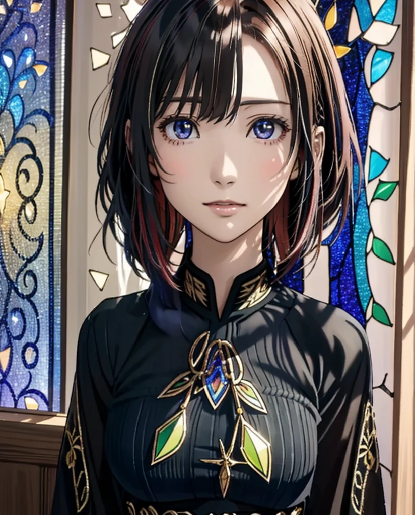 (masutepiece, of the highest quality, Best Quality,Official art, Beautiful and aesthetic:1.2),(1girl in:1.3), 1 Girl BREAK Stained Glass Art, Colored Glass, Lead Line, Light transmission breaks bright colors, intricate designs, luminous effect, Spiritual atmosphere