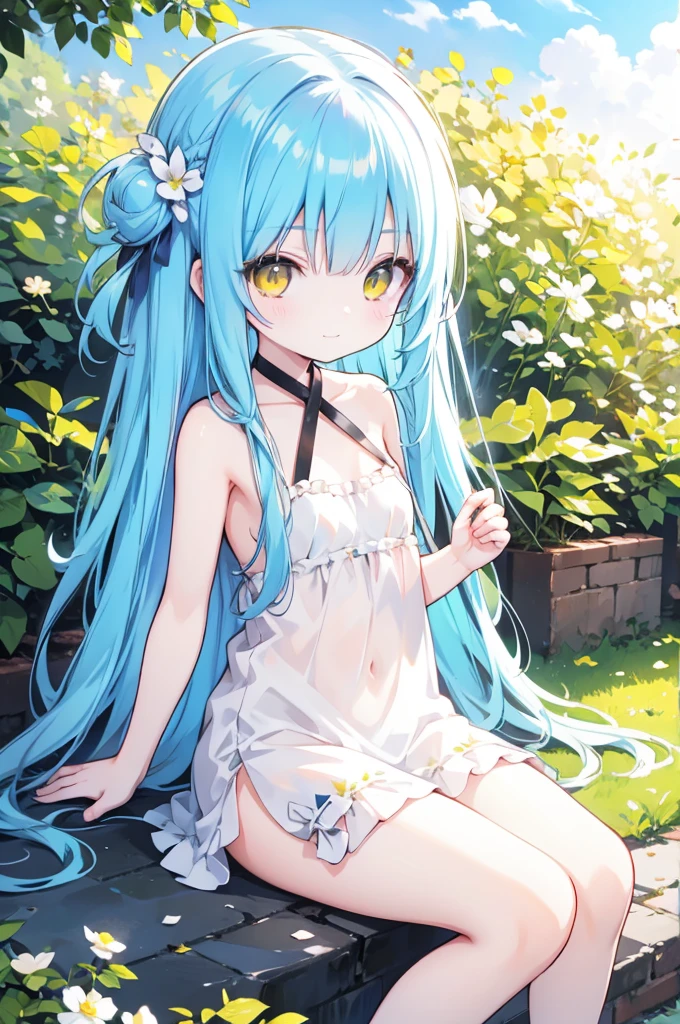  with a petite smile, full nudity, long blue hair, yellow eyes, lies down outdoors 