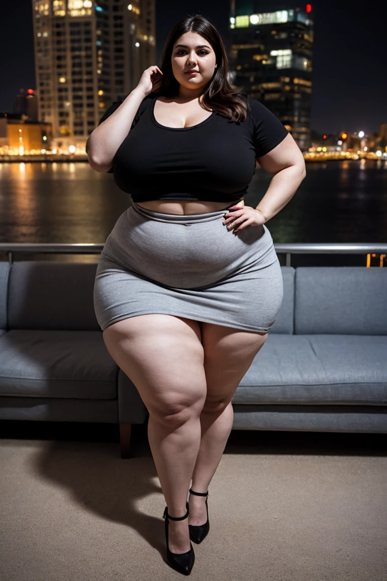 130kg extremely obese woman, abdominal exposure, exposed navel, mini skirt, high heel, earring, necklace, bracelet