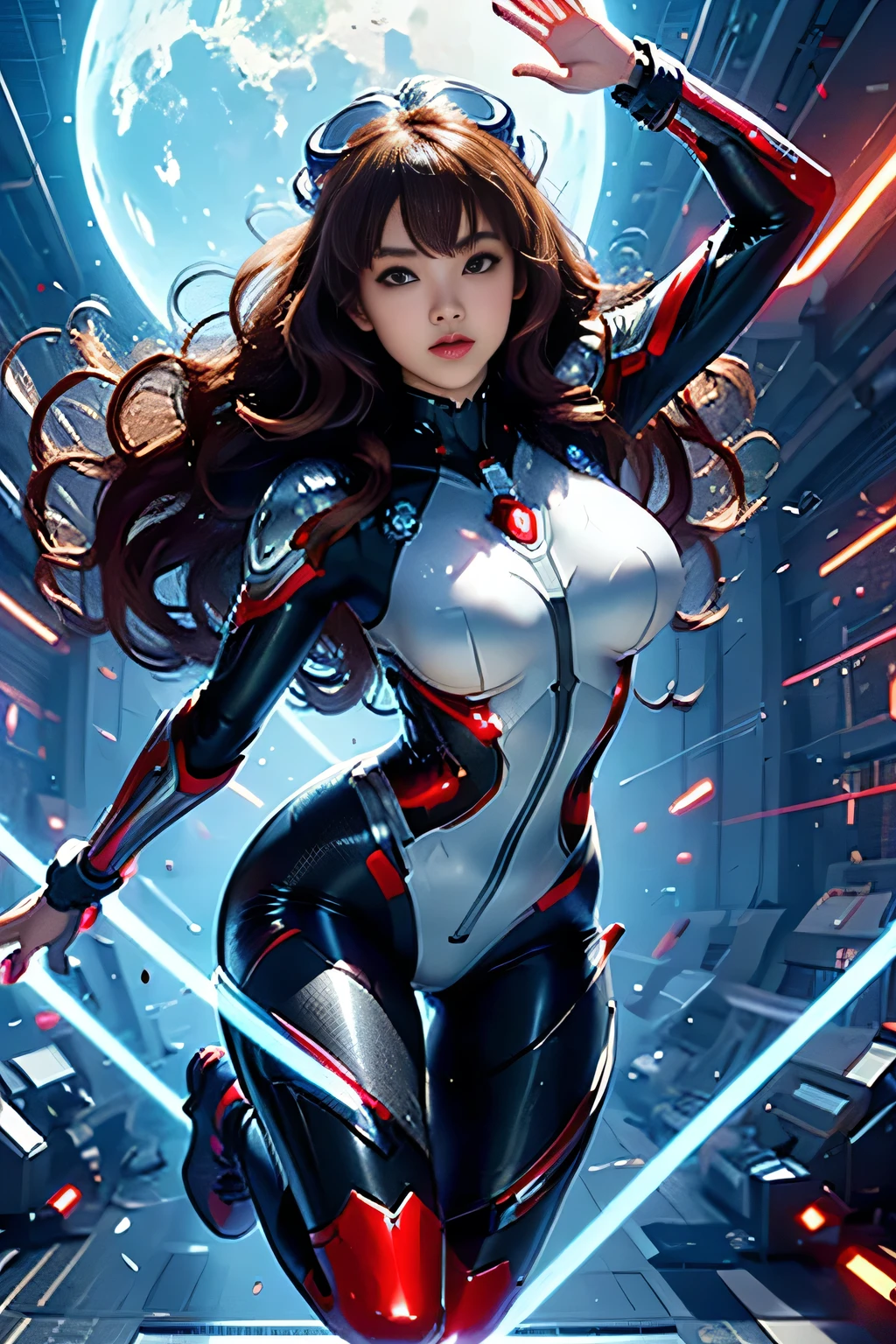 A dynamic pose of a 20-year-old Japanese female Ultraman, posing confidently with her shiny red and silver suit glistening under cinematic lighting. Her beautiful face, with perfect proportions and big, even eyes, is framed from the knees up, drawing attention to her radiant expression. Long, curly brown hair cascades down her back as she looks directly at the viewer. The tight, thin cyber suit accentuates her delicate yet alluring figure, featuring very large breasts and buttocks. A luminescent sphere glows on each side of her chest. She stands against a clear blue sky background, exuding an air of confidence and power.