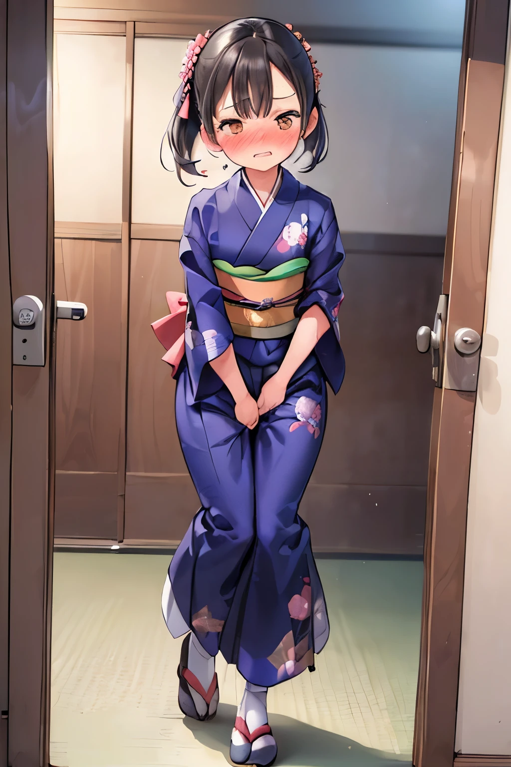 (8K, ultra-detailed, best quality, anatomically perfect figure, extremely detailed beautiful girl:2), (SIGMA 135 mm F/2.8, 1/1000 sec shutter, award-winning photo), beautiful small breasts, shiny skin, (have to pee, shaking with the effort to hold pee), (Her desperate urge to pee has reached its limit), (desperate to pee), (her bladder is at its limit:1.2), (Standing:1.3), (peeing herself:0.2), (kimono), (Untidy hair:1.2), (She is frantically holding and kneading her crotch:1.9), (arch backward body:1.6), (jiggled:1.8), (pee-dance foot stepping:1.5), (doing the pee-dance with a wiggly body, squirmy motions:1.8), (wiggling her hips:1.2), (panting for breath), (orgasm), (full face blush:1.5), (embarrassment:1.6), (impatience:1.9), (flustered:1.5), (Humiliation), (turn her on), (squint eyes), (arousal), (quivering lips), (unable to hold pee anymore desperate face:1.2), She needs to pee so badly she can not wait for the public restroom cubicle door to open, (She definitely doesn't want to be incontinent), (ultra-detailed face:1.1),