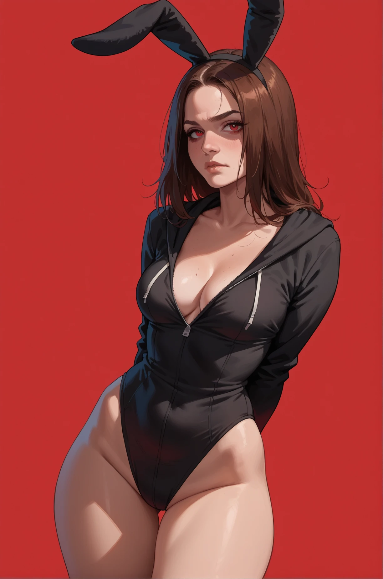 score_9, score_8_up, score_7_up, cartoon of a girl, solo, sexy, slutty, annoying, red eyes, brown hair, straight hair, black bunny onesie, medium breast, cleavage, wide hips, thighs, moody, standing, looking at viewer, dynamic angle, bright red background