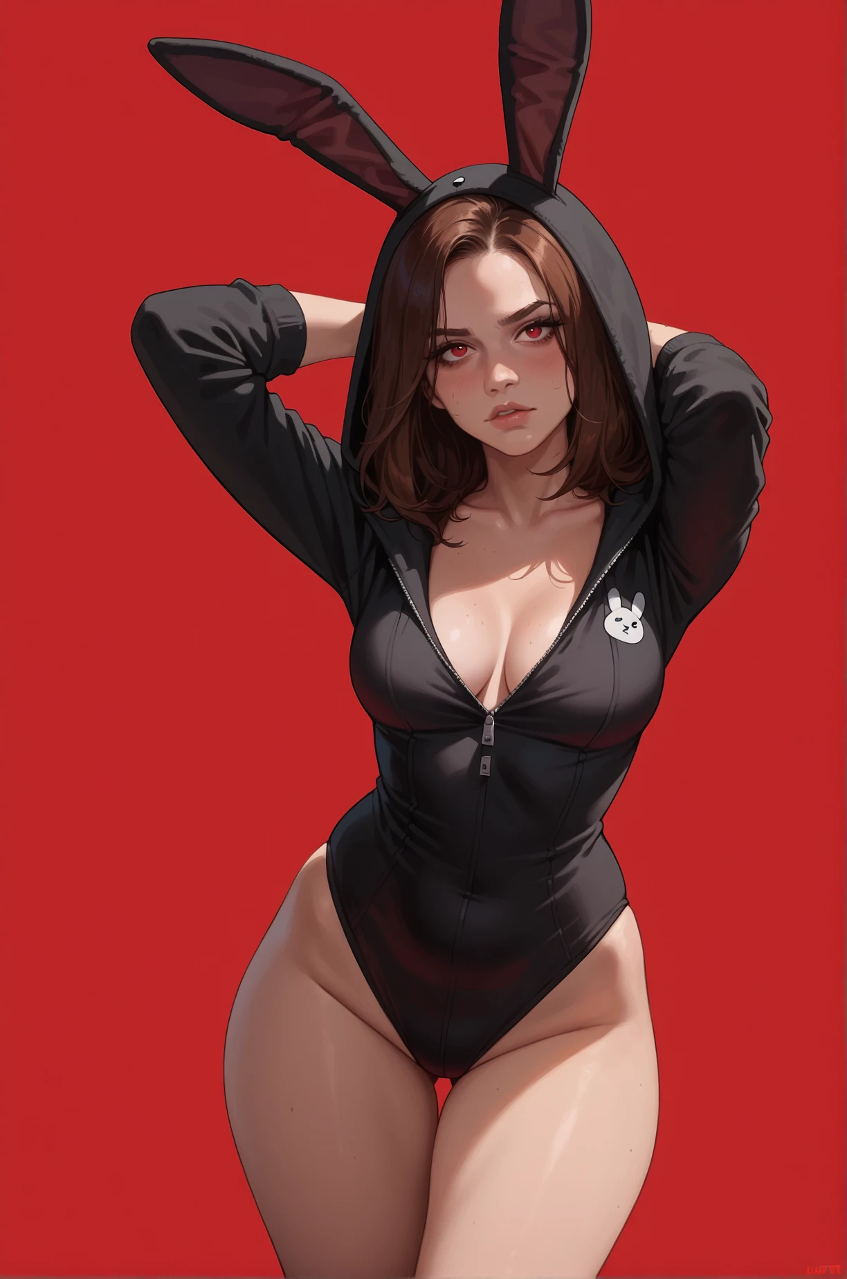 score_9, score_8_up, score_7_up, cartoon of a girl, solo, sexy, slutty, annoying, red eyes, brown hair, straight hair, black bunny onesie, medium breast, cleavage, wide hips, thighs, moody, standing, looking at viewer, dynamic angle, bright red background