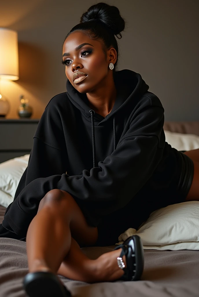 black woman hair in a bun black hoodie black leather short shorts laying on a old grandmas lap getting her ass spanked by the old grandma.                                    living room 