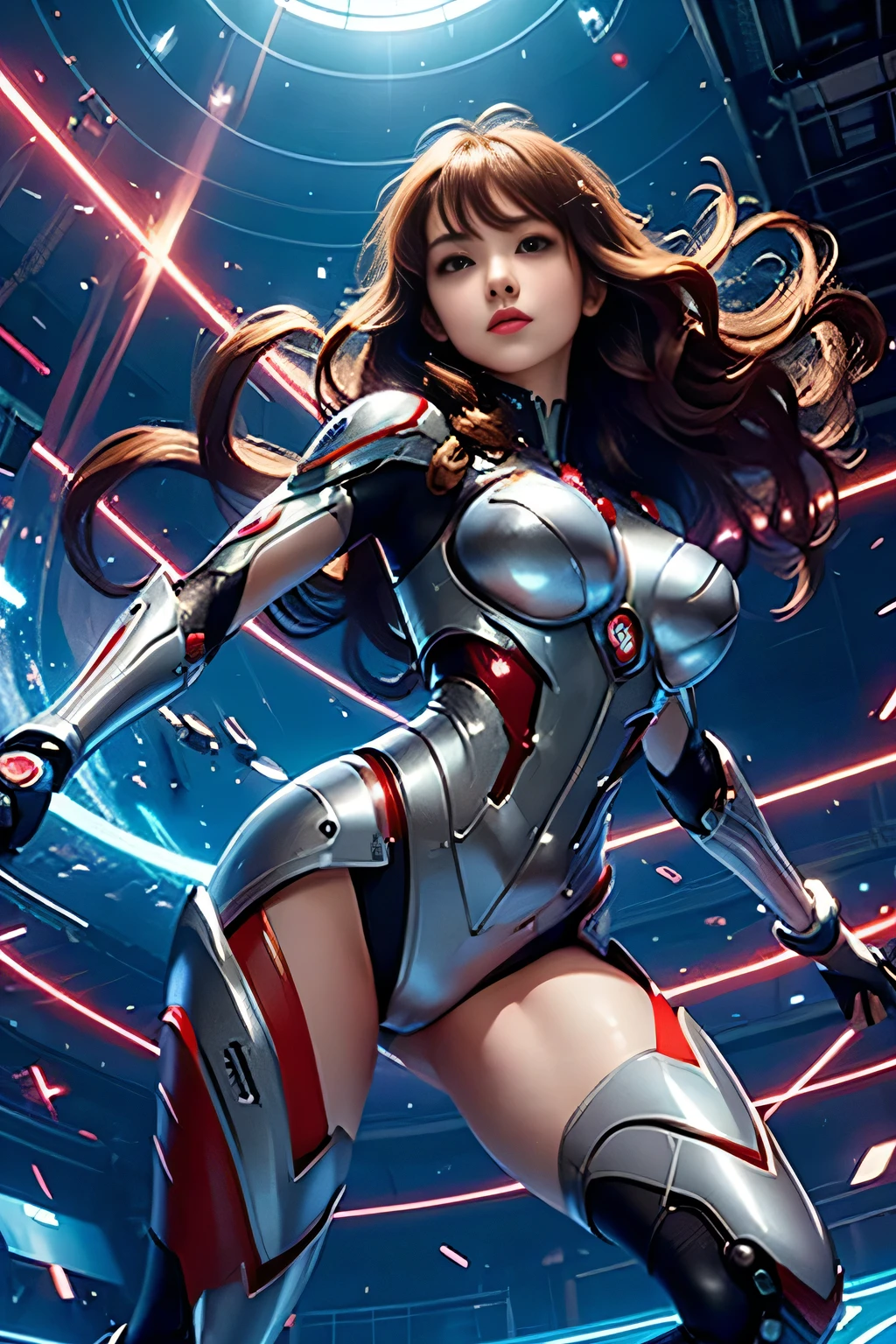 A dynamic pose of a 20-year-old Japanese female Ultraman, posing confidently with her shiny red and silver suit glistening under cinematic lighting. Her beautiful face, with perfect proportions and big, even eyes, is framed from the knees up, drawing attention to her radiant expression. Long, curly brown hair cascades down her back as she looks directly at the viewer. The tight, thin cyber suit accentuates her delicate yet alluring figure, featuring very large breasts and buttocks. A luminescent sphere glows on each side of her chest. She stands against a clear blue sky background, exuding an air of confidence and power, (Dynamic pose:1.2),(Changing pose:1.3),(Dynamic angle from below:1.46),