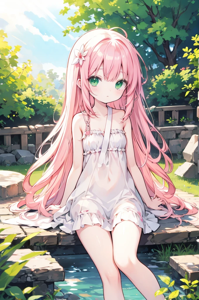 , completely naked, long pink hair, green eyes, lies down outdoors