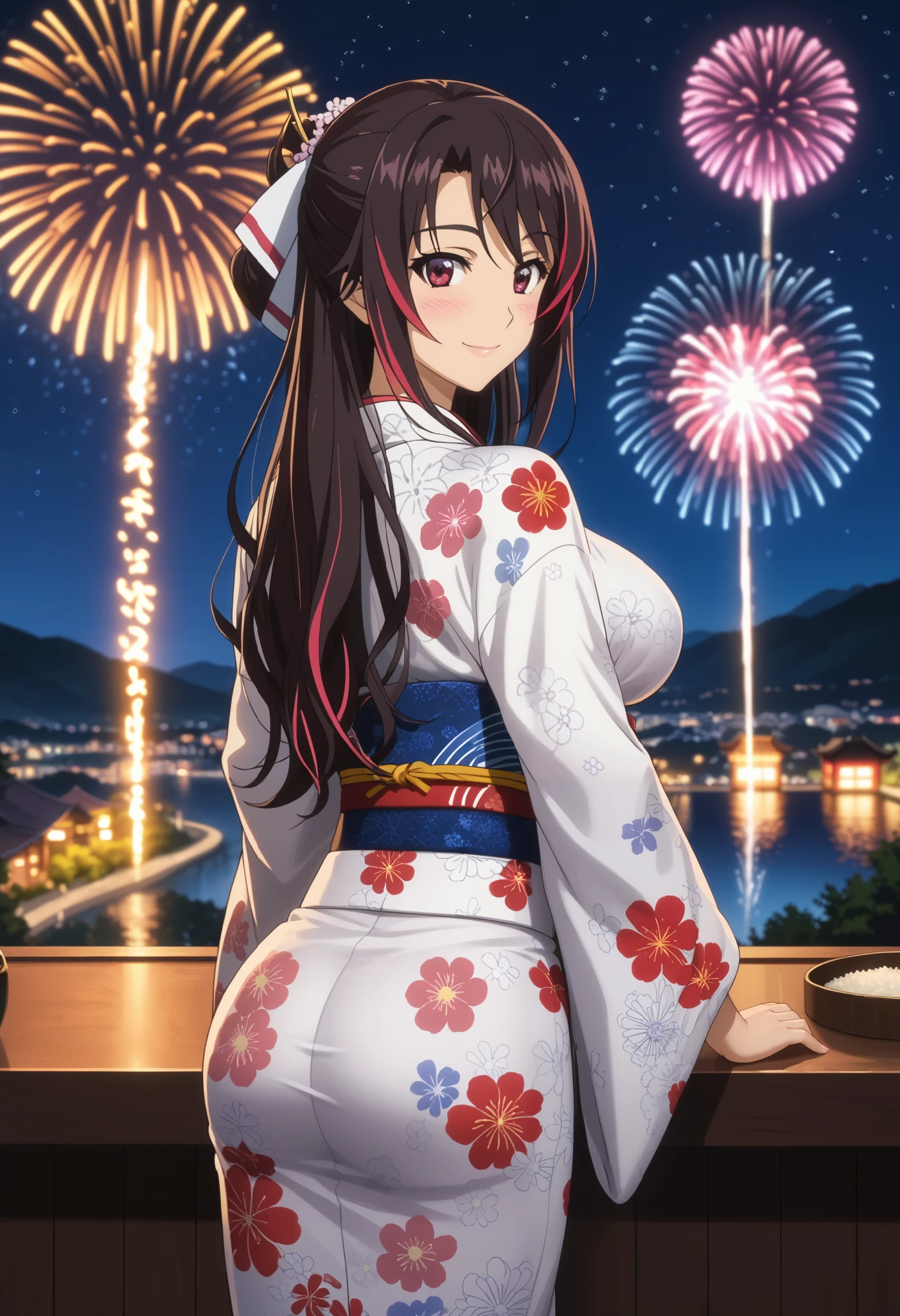 score_9, score_8_up, score_7_up, anime screencap, source_anime, 1girl, BREAK houkishinonono, houki shinonono, long hair, highlighted hair, dark hair, red eyes, highlighted hair, down hair, thighs thick,aerial fireworks, blurred background, blush, smile, fireworks, from behind, look at new year, shine, night sky, outdoors, floral print , sash, looking back, at viewer, kimono, night, obi, obiage, obijime, japanese clothing, japanese clothing, shaft look, looking back, from behind, head tilt, cowboy shot, alone, cityscape, mountainous skyline, night, outdoors, ( Beautiful and big breasts: 1.2), natural breasts,