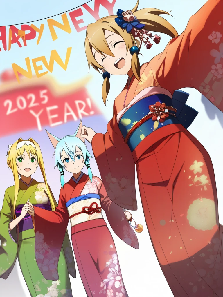 masterpiece, best quality, five girls, asuna \(sao\), alice zuberg, leafa \(sao\), sinon \(sao-alo\),silica, sword art online,  Furisode, party, party, new year party, new year party 2025, happy, a happy new year,