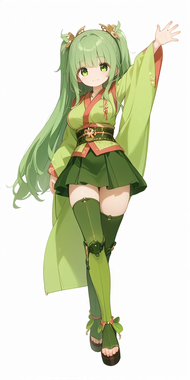    high resolution,    1 girl,   detailed description、Green kimono 、Long sleeves、Big Breasts、 two side up、  long hair、 cute、Show side breasts 、Put your arm out、Open your hands、Shoulder、 knee-high