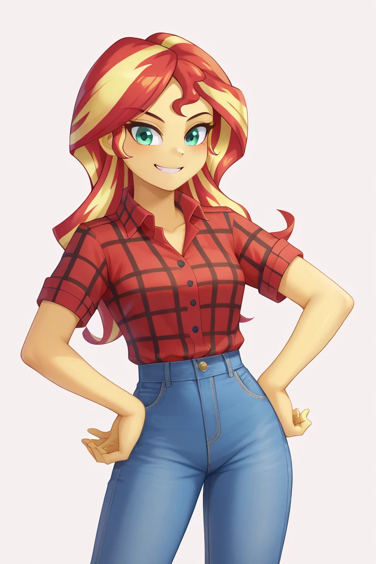 score_9, score_8_up, score_7_up BRE sunset shimmer,pestil, painterly hair, sharp contrasts, ,Sunset shimmerEQG, red hair , green eyes, yellow skin, red flannel collared shirt, short sleeves, blue jeans, half body smile, hands on hips,  1girl, solo, red sneakers 