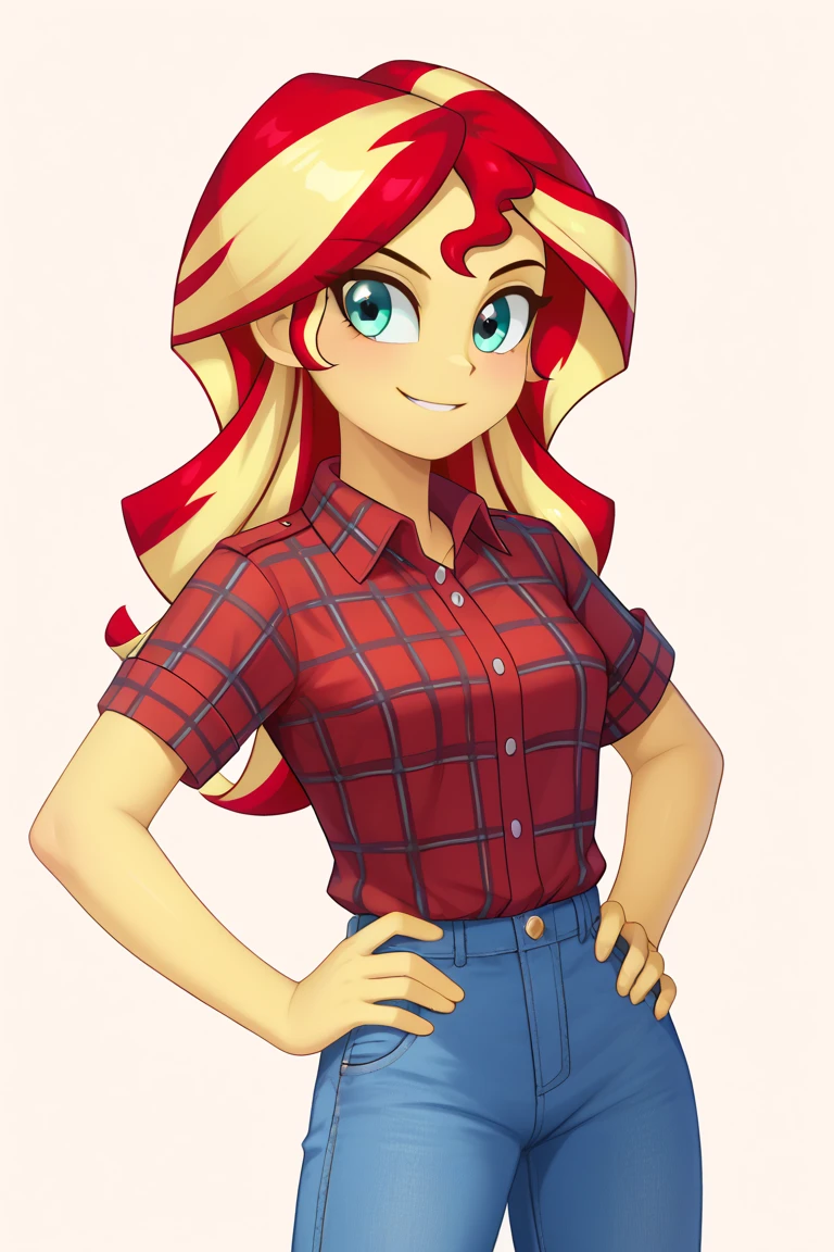 score_9, score_8_up, score_7_up BRE sunset shimmer,pestil, painterly hair, sharp contrasts, ,Sunset shimmerEQG, red hair , green eyes, yellow skin, red flannel collared shirt, short sleeves, blue jeans, half body smile, hands on hips,  1girl, solo, red sneakers 