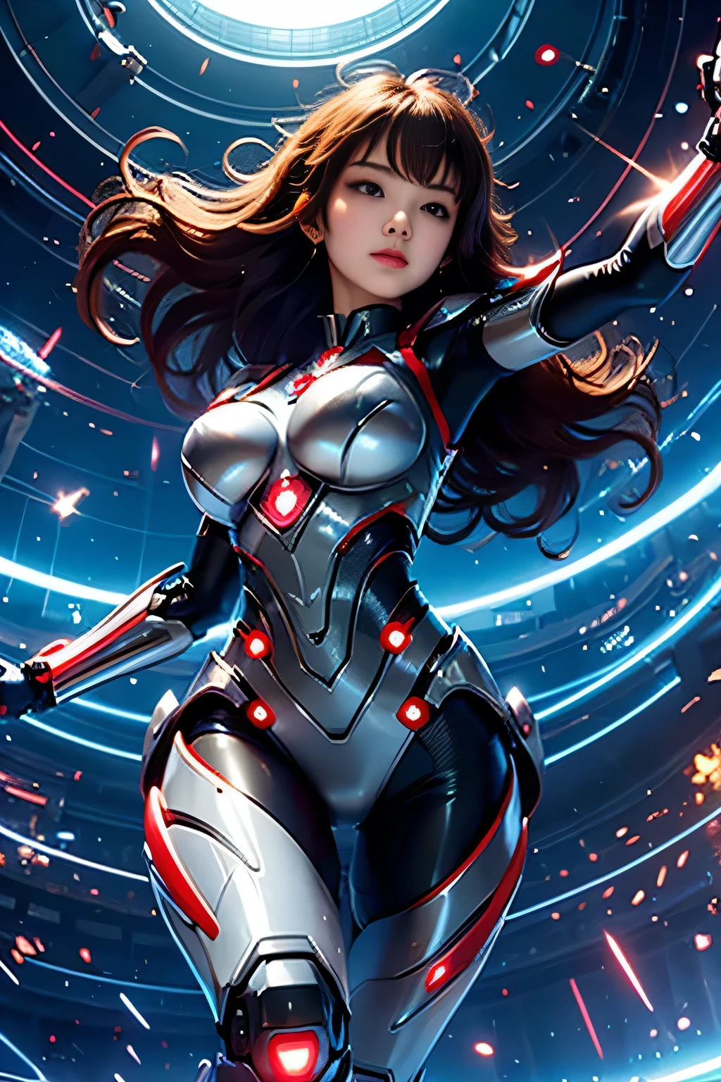 A dynamic pose of a 20-year-old Japanese female Ultraman, posing confidently with her shiny red and silver suit glistening under cinematic lighting. Her beautiful face, with perfect proportions and big, even eyes, is framed from the knees up, drawing attention to her radiant expression. Long, curly brown hair cascades down her back as she looks directly at the viewer. The tight, thin cyber suit accentuates her delicate yet alluring figure, featuring very large breasts and buttocks. A luminescent sphere glows on each side of her chest. She stands against a clear blue sky background, exuding an air of confidence and power, (Dynamic pose:1.2),(Changing pose:1.3),(Dynamic angle from below:1.46),