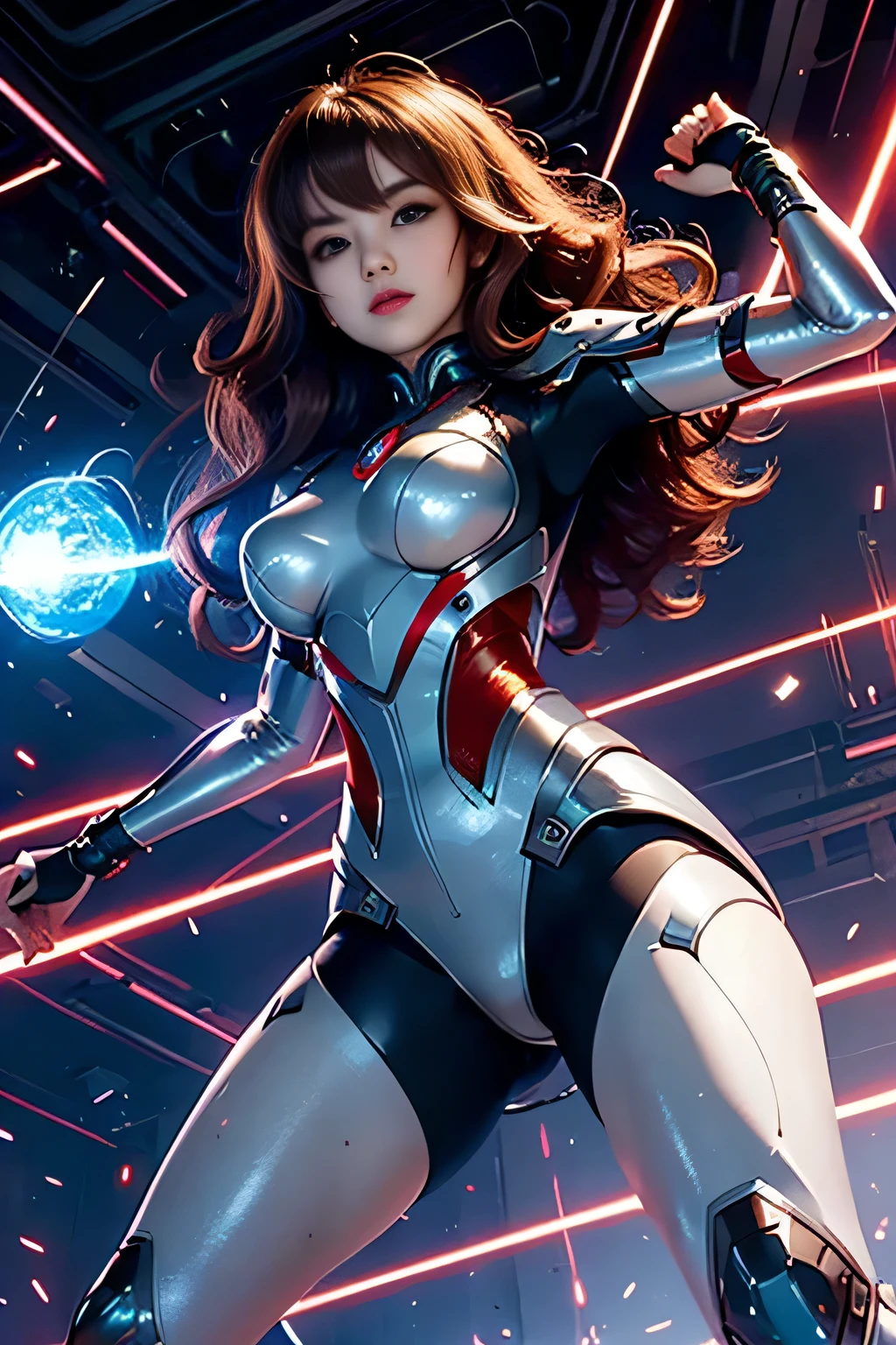 A dynamic pose of a 20-year-old Japanese female Ultraman, posing confidently with her shiny red and silver suit glistening under cinematic lighting. Her beautiful face, with perfect proportions and big, even eyes, is framed from the knees up, drawing attention to her radiant expression. Long, curly brown hair cascades down her back as she looks directly at the viewer. The tight, thin cyber suit accentuates her delicate yet alluring figure, featuring very large breasts and buttocks. A luminescent sphere glows on each side of her chest. She stands against a clear blue sky background, exuding an air of confidence and power, (Dynamic pose:1.2),(Changing pose:1.3),(Dynamic angle from below:1.46),