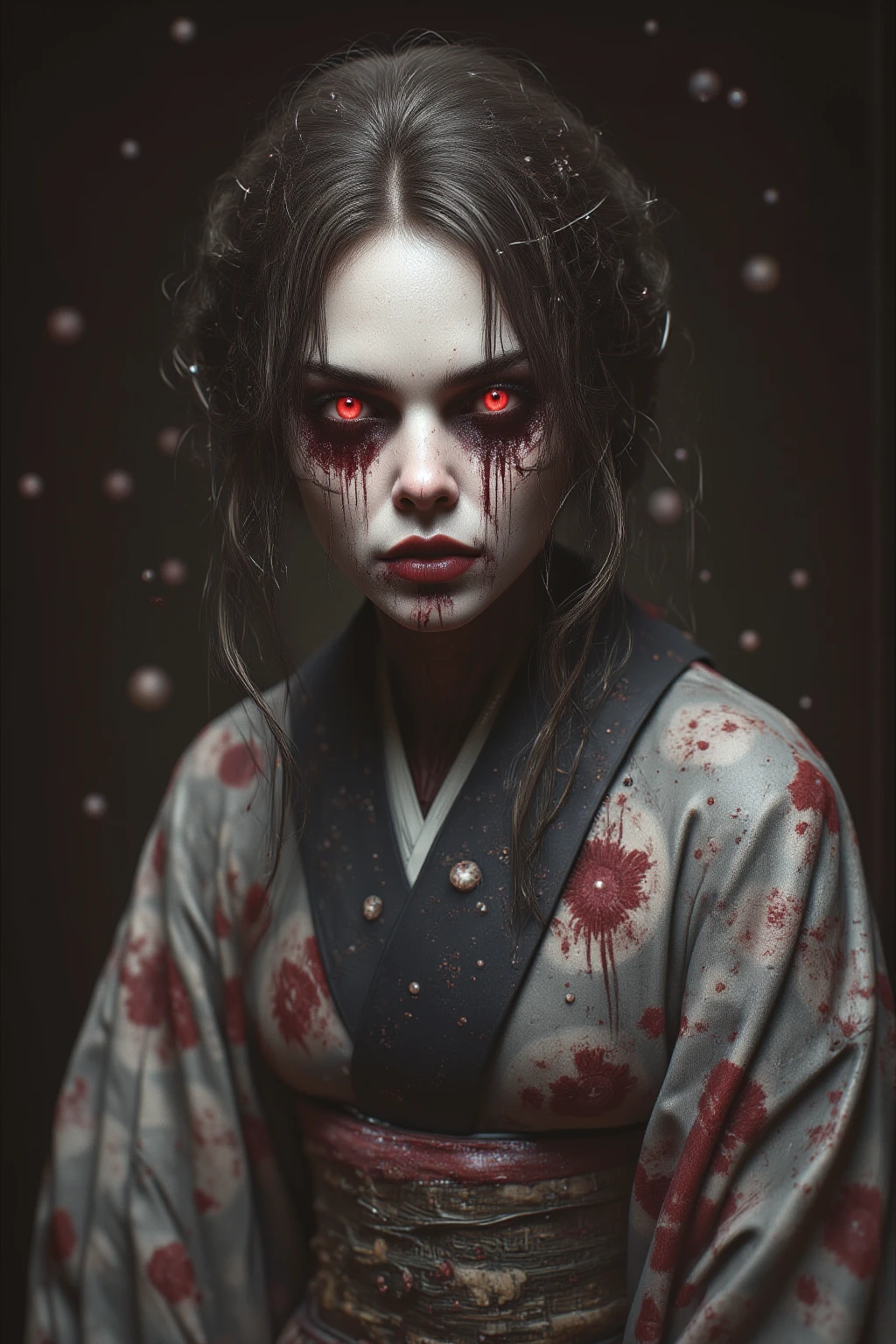 Black robe,red colour,Vampires,White skin of the,brunette color hair,red eyes,fang,pointy ears,The background is the city,Red Moon,blood stain,grinning smile,unholy
