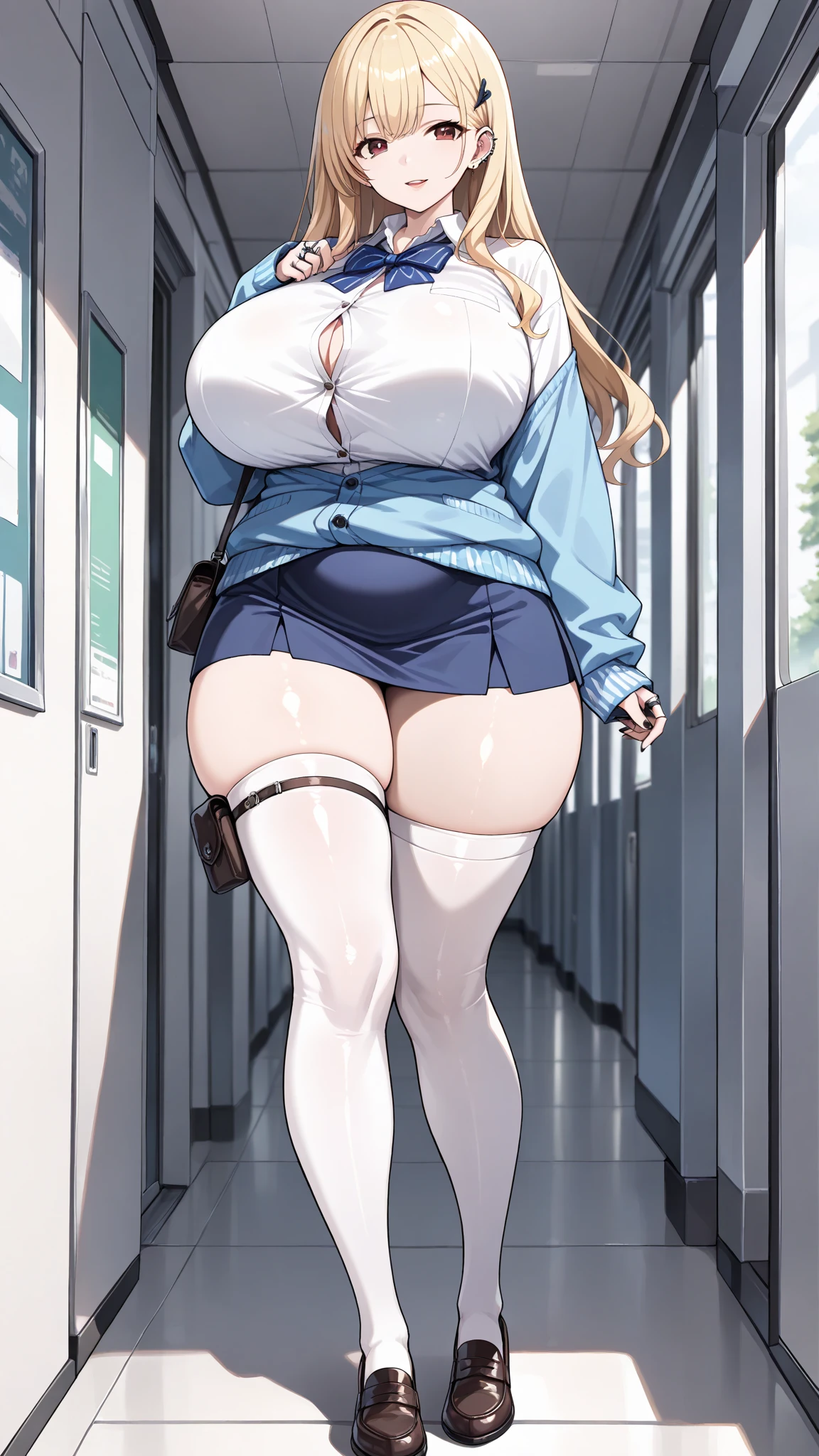 (masterpiece,  top quality,  absurd,  high definition ,  Concept Art ,  vibrant colors,  super detailed, up to date, Ray Tracing),  1 girl, (tiadef , brown eyes, blonde hair, long hair, hair ornament, ear piercing, huge breasts, white shirt, cleavage, button gap, blue bowtie,  blue cardigan, sleeves past wrists, blue skirt, multiple rings, black nails, white thighhighs, hip pouch), (huge breasts, potbelly, wide hip, thick thighs),  viewers who stop at the edge, Open lips, Smile,  is shy, (Detailed school, corridor), (shiny skin,  beautiful skin,  textured skin,  smooth skin,  shiny skin, Body that emits light ), (full body), 