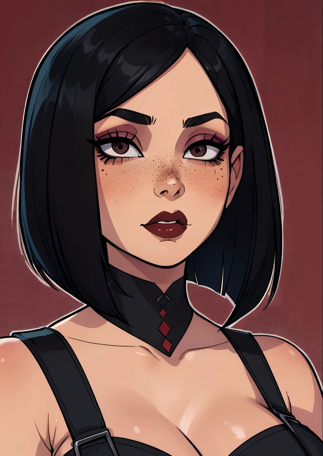 masterpiece, best quality, 1female, beautiful, face portrait, solo, deep makeup, 1girl, face focus, makeup, black eyes, goth, shy, long hair, Asymmetrical Bob cut, black hair, dark-brown skin, thick lineart, pinup, cell shading, nyantcha, freckles