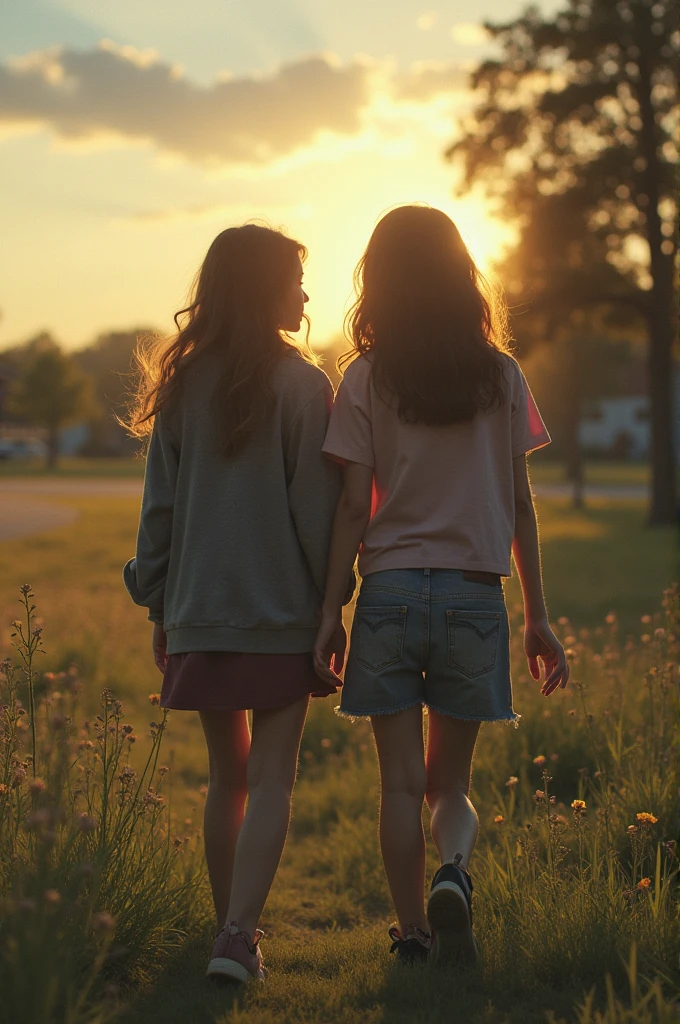 Two Tamil teen girl, wearing t shirt, walking in road, right side angle, realistic ,full nude