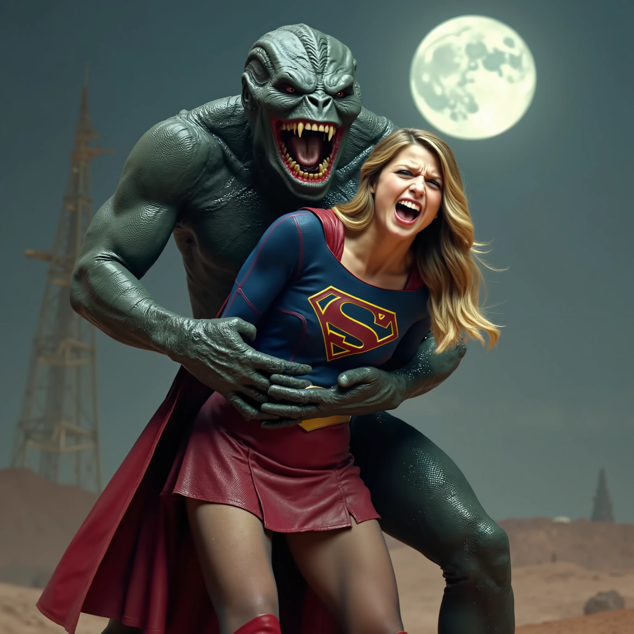 Melissa Benoist as Supergirl, Melissa Benoist is wearing a Supergirl costume as seen on TV, very bright white skin, Supergirl is defeated by a huge body fierce Alien Monster, It is standing in front of her, the Alien Monster seize her body tightly, can see whole body, Supergirl is wearing a short red leather fabric skirt, ((tattered skirt and upskirt:1.8)), Supergirl is wearing a thin black pantyhose:1.6, red knee height long boots, dirty body, bright white skin, blonde hair, lighting green collar on her neck, ((Supergirl is screaming in pain)), Supergirl is seriously injured, painful, (Excruciating pain face), photorealistic, hyper realistic, ((whole body visible:1.9)), night time on the Mar with moon lighting,