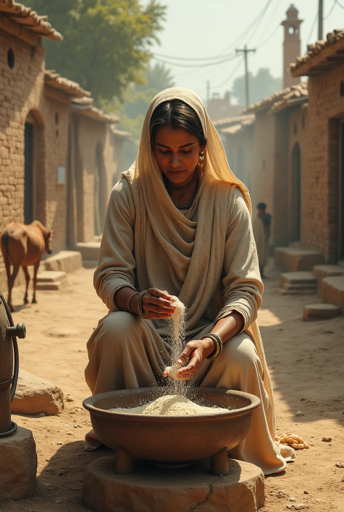 Create an ultra-realistic image of a traditional Brazilian healer, known as a 'benzedeira,' dressed in typical northeastern attire. She is wearing a long skirt and a headscarf, performing a blessing ritual. The benzedeira holds a bundle of herbs, such as arruda and manjericão, in her hands. Her expression is serene and focused as she performs the ritual. The background is a simple, rustic setting, possibly with earthy tones and natural light, evoking the authentic atmosphere of rural northeastern Brazil."