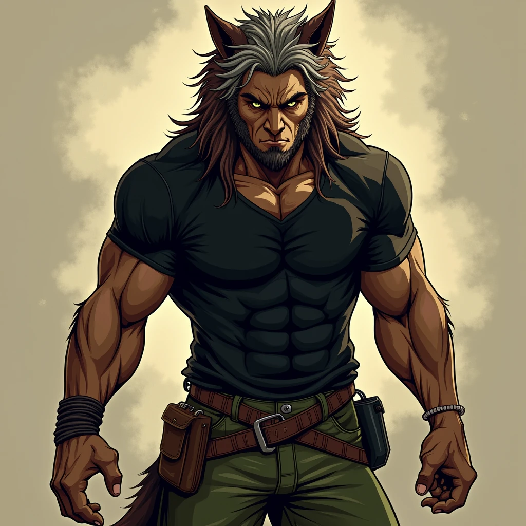 jason mamoa, wearing tattered denim jeans, has long white hair, has wolf ears, has a wolf tail, covered in sweat, has some wolf tattoos, walking down alleyway, cute looking, perfect, handsome, masterpiece, shirtless, has short grizzled beard