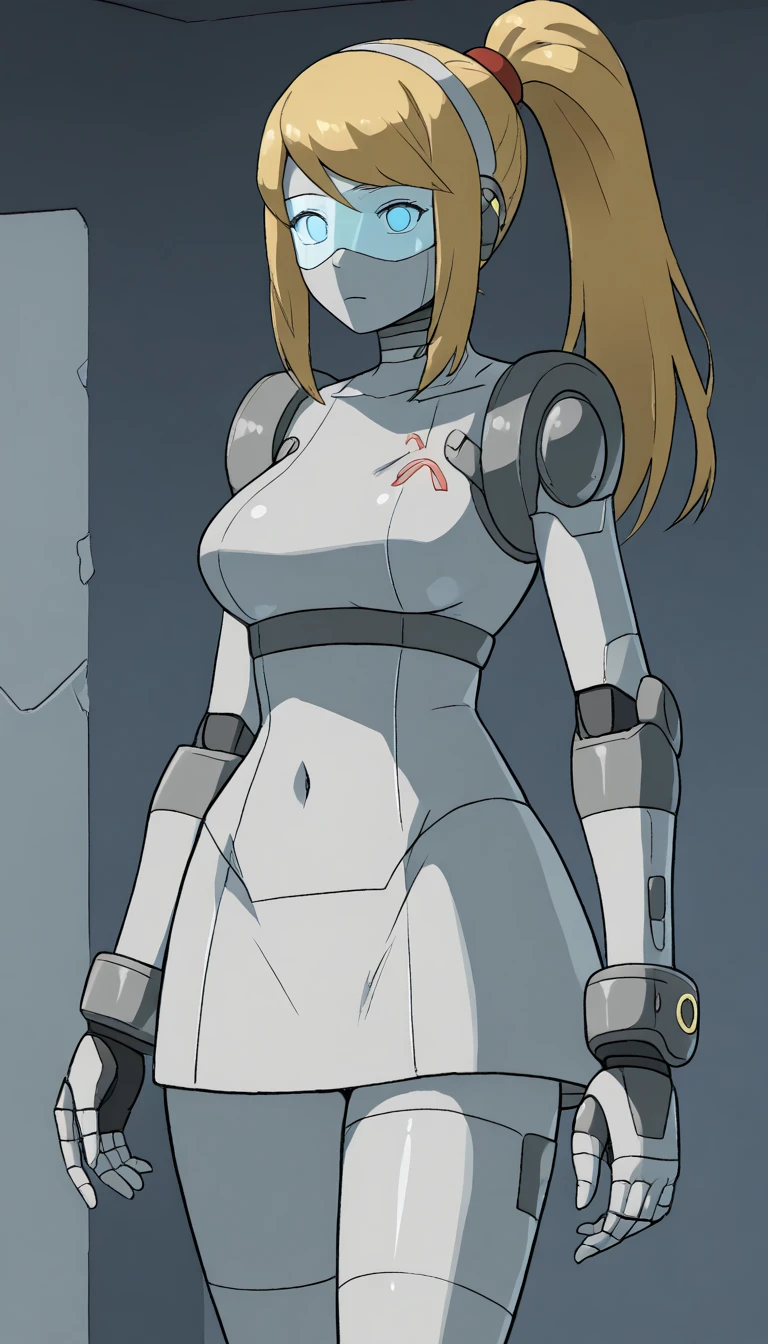 masterpiece, best quality, extremely detailed, (8K, 4K, Best Quality, hight resolution, 超A high resolution:1.1), ,8k portrait, Japaese android Girl,Plump , dark black leg cover,announcer,control panels,android,Droid,Mechanical Hand, Robot arms and legs, Black Robot Parts,yellow ponytail,Mechanical body,Blunt bangs,perfect mechanical abdomen,blue robotics parts,perfect robot woman,future laboratory,cyber pank,charging spot,laboratory,long tube,thick cable connected her neck,blue ceramic body ,perfect mechanical body, blue robot body,lod antenna,mechanical ear cover,android,robot humanoid,black sponge joints,The removable cover is in the groin,The connection port is in the groin,opened chest panel,access panel on the chest,opened breast panel,perfect mechanical breast,perfect black machine body,perfect black android body,She has repaired,assembly plant,no human skin,visor,mistyrobot,samus aran,dress,malfunction,robot joint,doll joint,robotization,spark,partial robotic,empty eyes,dress,android