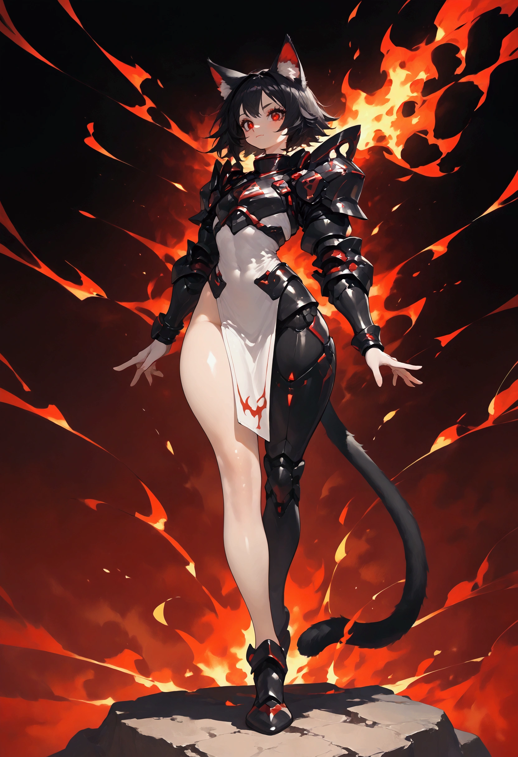 A ***ite cat girl with black hair and intense fiery red eyes, clad in oversized simple shining grey full entire body plate armor with overlaying holy white cloth, armed for combat, cute, armor. long black furred cat tail, long legs, thick thighs, wide hips, athletic form, full body in frame, wholebody.