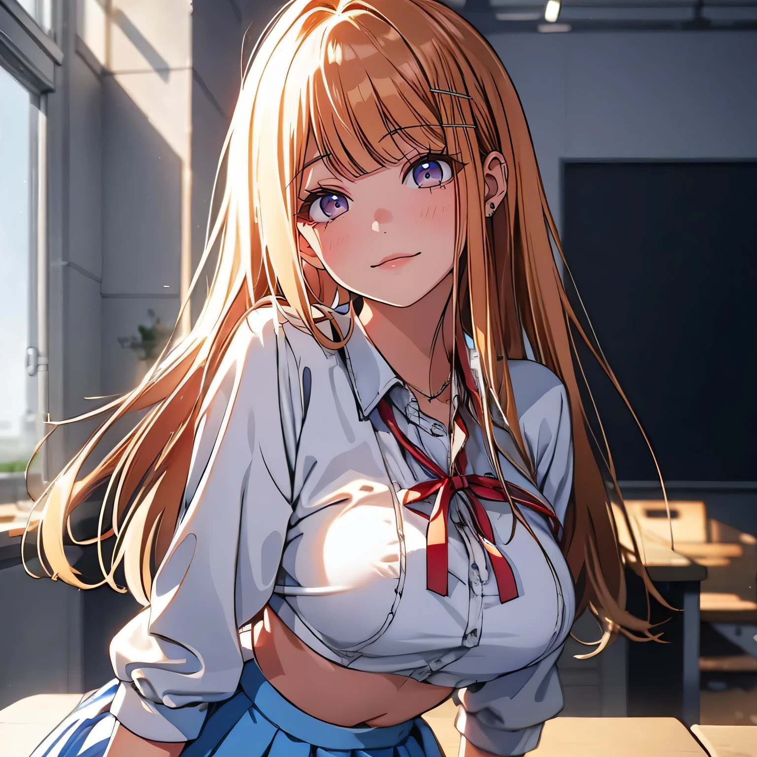 (Low noise:1.8), (8k, Super RAW Photo, top quality, masterpiece, soft cinematic lighting, Soft colors:1.4), (looking at camera:1.5), (throw,detaileds:1.3), The sailor is transparent, (covered nipples:0.8), chest, (Dressed:1.7), Red and white uniform, (underboob:1.6), BREAK ((blue skirt)), BREAK ((transparent white top)), BREAK ((red ribbon)), BREAK Gold Button, Gold shoulder pads, BREAK Young people, 18 years, ( embarrassing, :1.5), clean skin, Blonde, ((Half Up Hair)), open your mouth, (beautiful brown eye details:1.4), (big chest), (big hips), impressive Body Curves , Excited smile, pink lips, cute pose, kneel, (masterpiece), Classroom Background, School