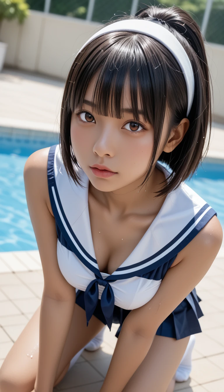  wet、masterpiece 、  top quality  、 Super high resolution、 realistic、 beautiful lighting arranged in an orderly manner、  RAW photos 、4K Ultra HD、  super detailed face、Clear Face、Detailed eye、 beautiful eyes、( Half Open Eyes )、1080P、 tan dark skin 、 black hair,   wet hair、 short bob cut , bangs、 Ponytail、 horny 、 young gravure idol who lost weight、、 white headband 、 white gloves、(((( taut chest、Separated Breasts 、 tight breasts)))、((( wet hair ))),(((scene：There is a beautiful scene floating in the background.、 blue sky))),(((wet Japanese elementary school girl 、  navy sailor color 、 with both shoulders out 、 wet pleated skirt 、 black knee socks、Wear black shorts)))、Japanese female elementary school students wearing school swimsuits 、((Japanese elementary school girl in school swimsuit kneeling in a shallow pool 、While staring at the audience, bring your face close and kiss))  break ((( EXTREME FACE UP SHOT ,  viewers, the above )))、(( full body shot ))、(( underboob))、( perfect anatomy)、 break ((Upper eyelid))、((( midi skirt)))、 thin beautiful thighs 、 beautifully manicured hair 、 oily skin 、Five fingers