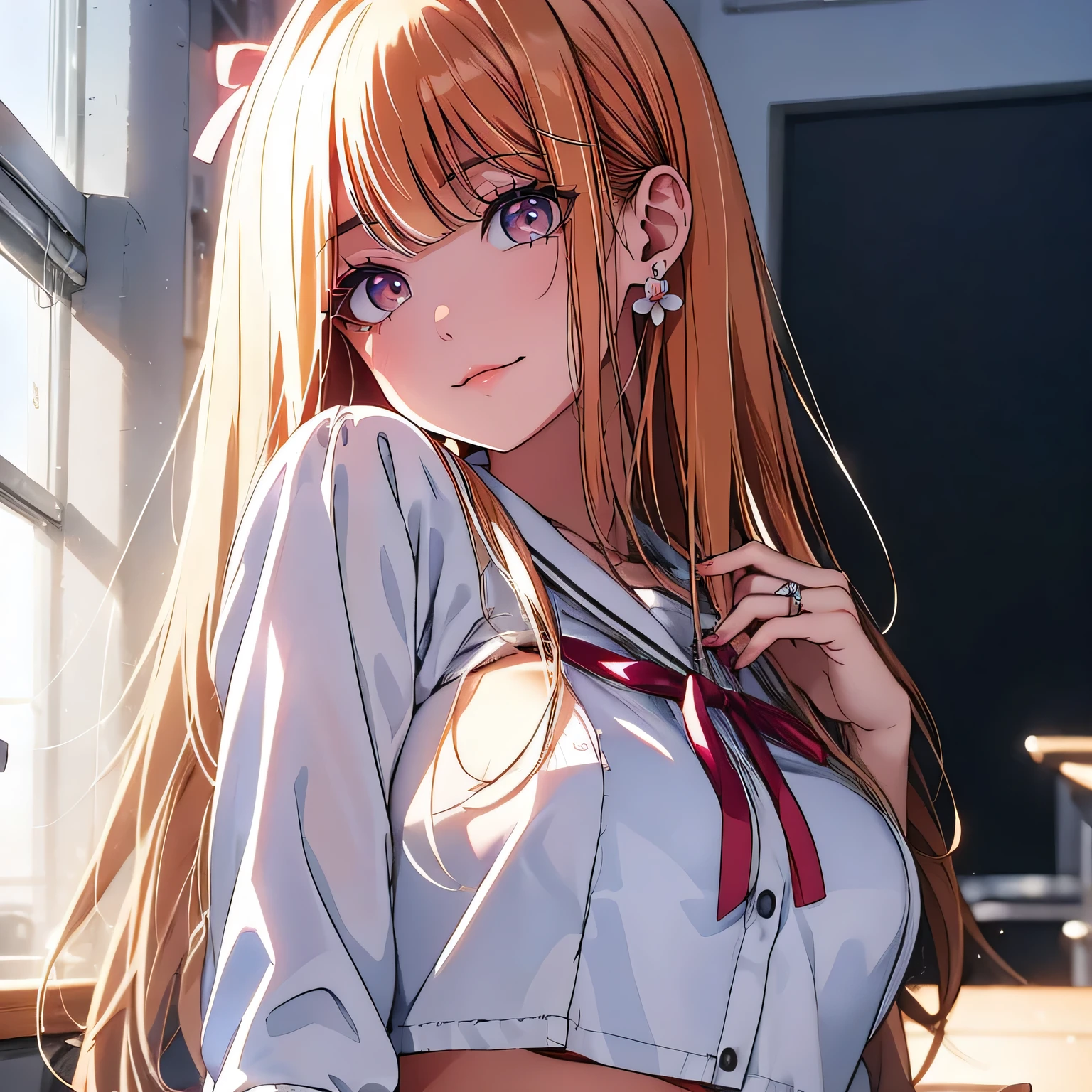 (Low noise:1.8), (8k, Super RAW Photo, top quality, masterpiece, soft cinematic lighting, Soft colors:1.4), (looking at camera:1.5), (throw,detaileds:1.3), The sailor is transparent, (covered nipples:0.8), chest, (Dressed:1.7), Red and white uniform, (underboob:1.6), BREAK blue skirt, BREAK transparent white top, BREAK red ribbon, BREAK Gold Button, Gold shoulder pads, BREAK Young people, 18 years, ( embarrassing, :1.5), clean skin, Blonde, ((Half Up Hair)), open your mouth, (beautiful brown eye details:1.4), (big chest), impressive Body Curves , Excited smile, pink lips, cute pose, kneel, (masterpiece), Classroom Background, School
