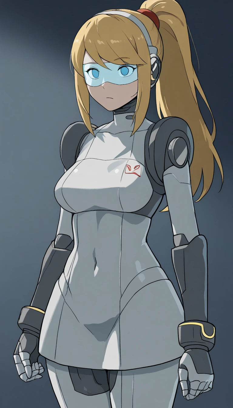 masterpiece, best quality, extremely detailed, (8K, 4K, Best Quality, hight resolution, 超A high resolution:1.1), ,8k portrait, Japaese android Girl,Plump , dark black leg cover,announcer,control panels,android,Droid,Mechanical Hand, Robot arms and legs, Black Robot Parts,yellow ponytail,Mechanical body,Blunt bangs,perfect mechanical abdomen,blue robotics parts,perfect robot woman,future laboratory,cyber pank,charging spot,laboratory,long tube,thick cable connected her neck,blue ceramic body ,perfect mechanical body, blue robot body,lod antenna,mechanical ear cover,android,robot humanoid,black sponge joints,The removable cover is in the groin,The connection port is in the groin,opened chest panel,access panel on the chest,opened breast panel,perfect mechanical breast,perfect black machine body,perfect black android body,She has repaired,assembly plant,no human skin,visor,mistyrobot,samus aran,dress,malfunction,robot joint,doll joint,robotization,spark,partial robotic,empty eyes,dress,android