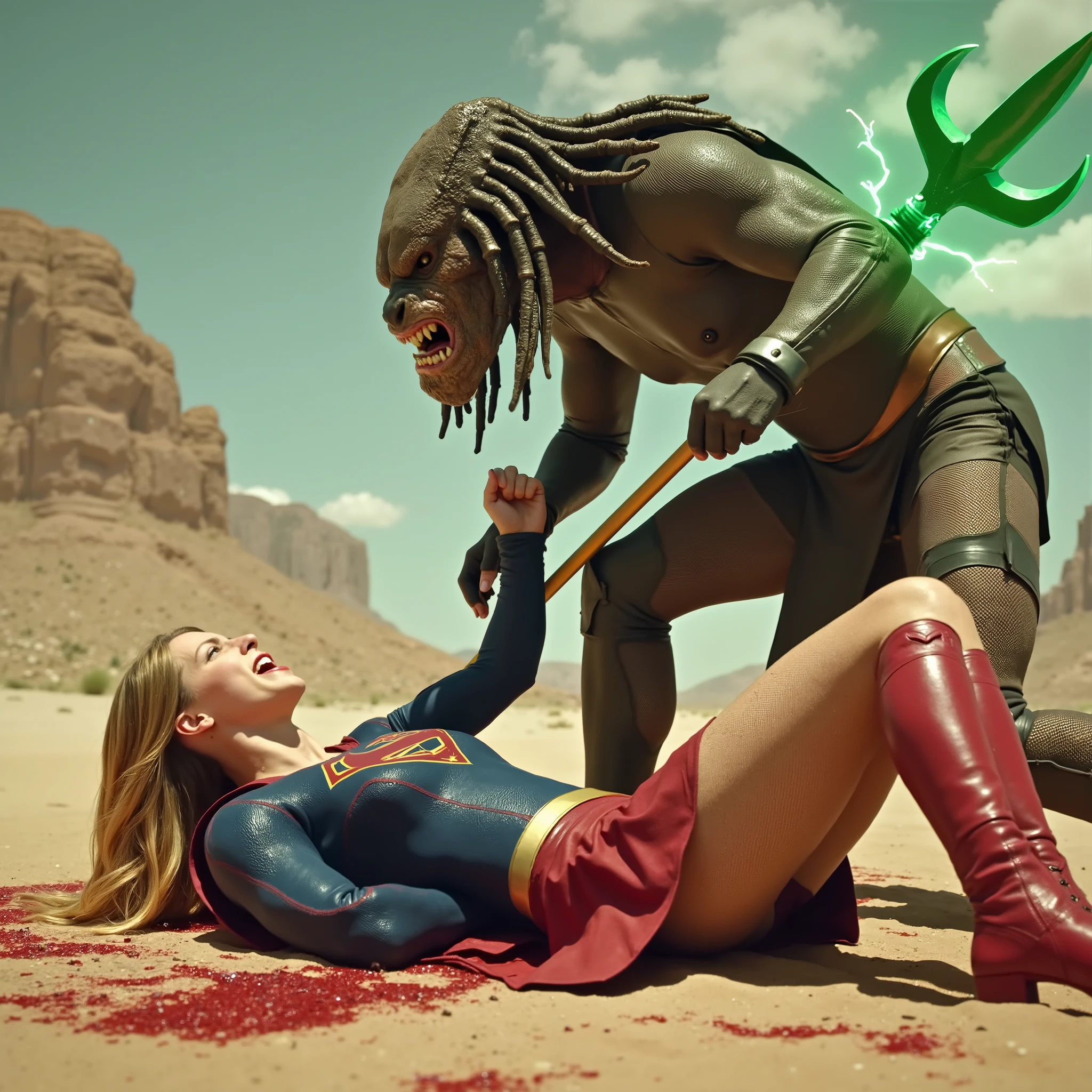 Realistic, hyperrealism, masterpiece, Supergirl is laying flat on the dirt, dirty body, she was handcuffed with a green lighting handcuff, Supergirl is tied wrists with handcuff together, a green lighting collar on her neck, severe painful face, painful face, in the desert, very bright light at noon, She is wearing a Supergirl costume as seen on TV series "Supergirl", leather fabric, ((she is wearing leather red skirt)), ((thin transparent grey color pantyhose and red leather knee height boots:1.8)), Supergirl is attacking by Predator, she is defeated and injury, wounded, Predator is kneeling bestride, Supergirl body is between the predator legs, the predator stab Supergirl chest with lighting green spear, the Supergirl face is painful and crying, she is seriously injured, a lot of blood on her body, background with canyon atmosphere,