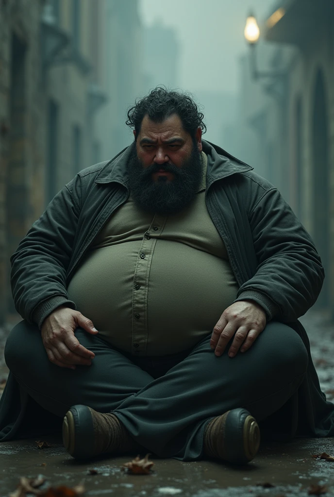 OLD HULK corpulent in worn and tattered clothing sitting on a bench in a Victorian era park, looking sad, cinematic lighting, realistic, detailed, 8k