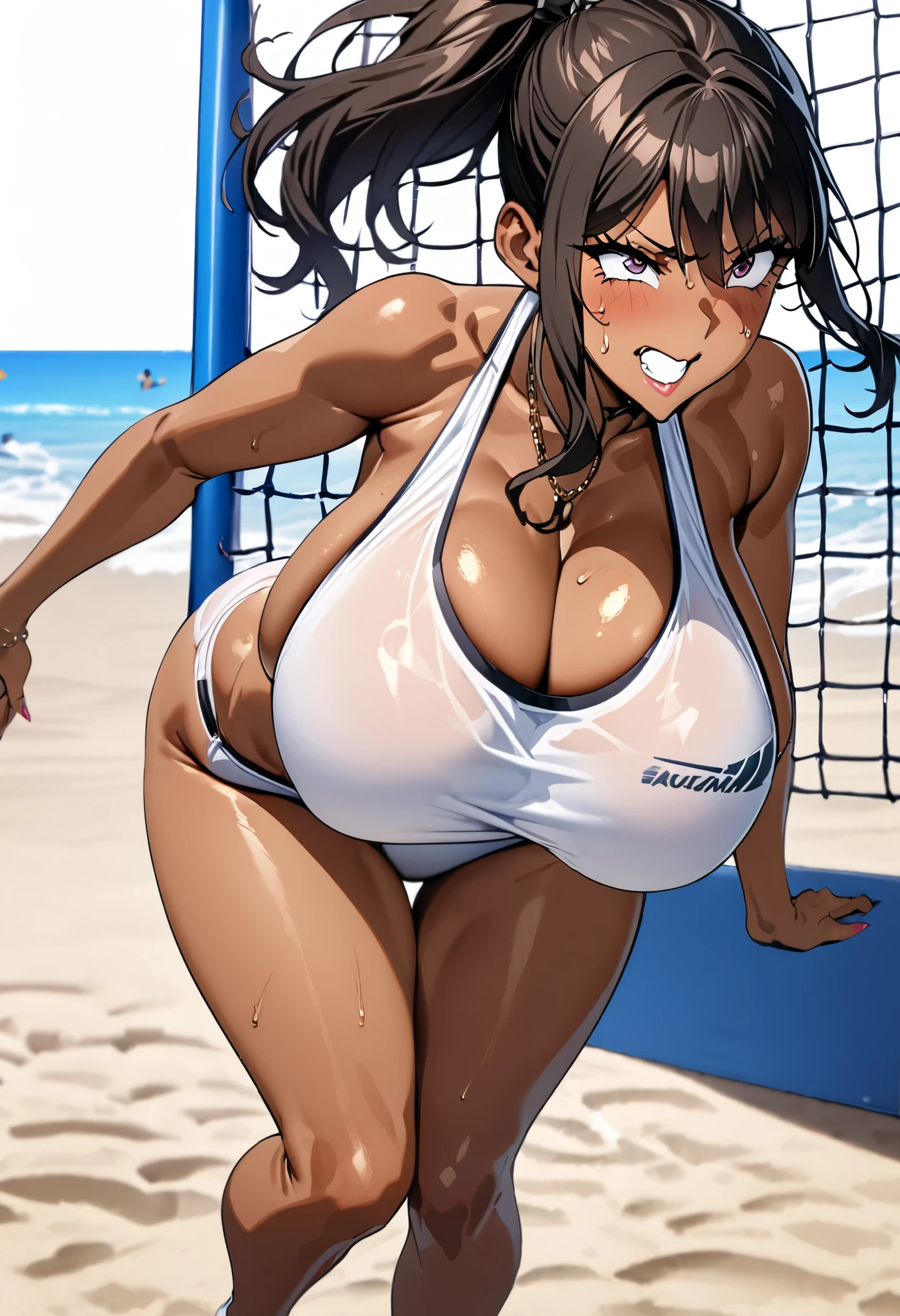 masterpiece,   Beautiful Woman  ,Gyaru,  tanned skin  ,brown skin,  Detailed facial expression,  detailed expression, pretty eyes, MILF( 35 years old),  Seductive Body  ,   big boobs  ,   big butt,   hourglass-like body ,black ponytail beautiful face,   detailed face, clothes{( white swimsuit )}, seashore, Beach volleyball court  ,  Beach volleyball scene, full body