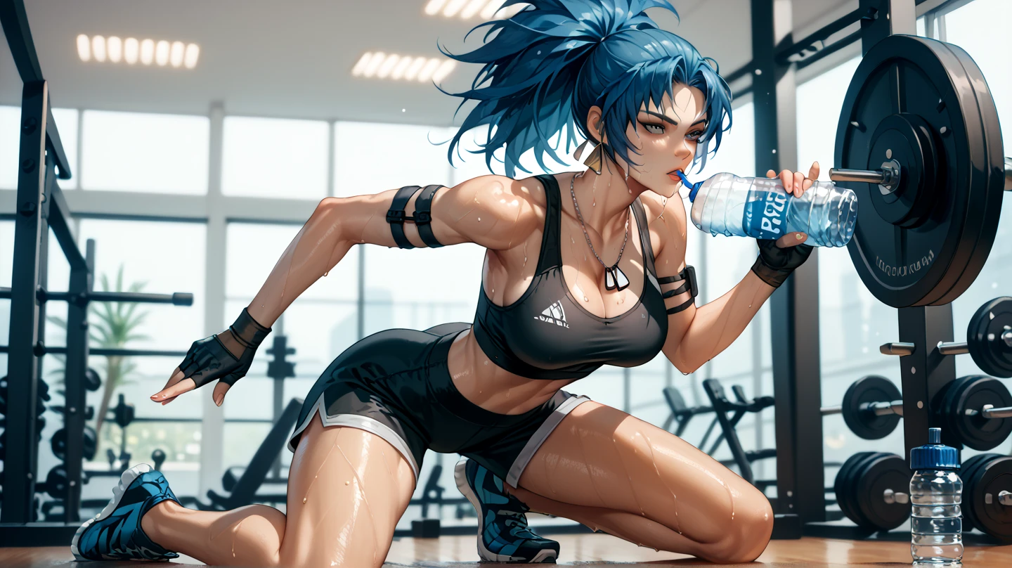 (ultra-realistic rendering, highest quality), ((highest quality, 16k, masterpiece: 1.3)), (beauty, 1 girl), (realistic photo shot in a dark studio), (medium full body shot), (28 year old girl posing sexy in gym), (Sexy sports outfits), sports leggings, play sports often, beautiful and detailed face, small breasts, pale skin, heavy makeup, (realistic glowing skin), masterpiece, highest quality, High Resolution Scan, (professionally color graded), sharp focus, rim lighting, 薄darkです, two-tone lighting, dark, Tifa,Elbows in front, Planck,young sensual gravure idol, Glossy skin that looks wet!!, shiny silver, cute freckles,((beautiful skin)),((skin texture)),((Real Touch)),healthy, Ruddy, Hair tied up with a rubber band,beautiful clavicle,
