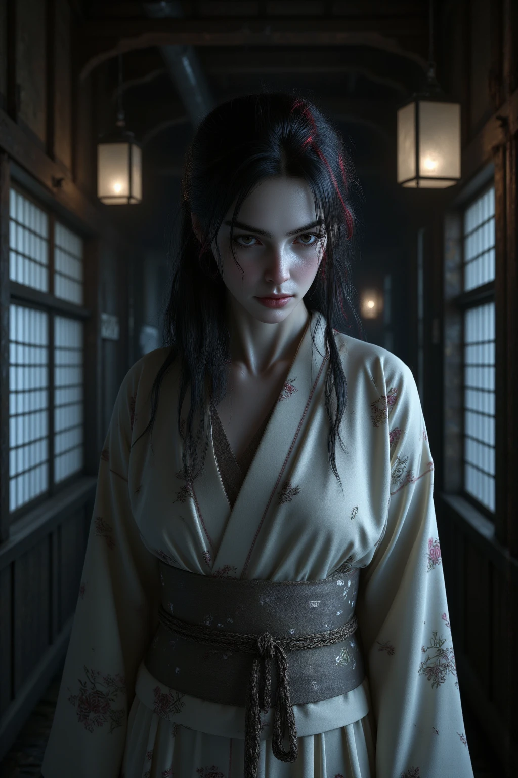 "(The best lighting, oscuro, dramatic),(geisha escupiendo espaguetis con tinta roja calavera alien, Cicatrices, sexy, cerebro, sangre, una rata dentro de la cabeza, terror.),(ojos rojos, calaveras). morning light.