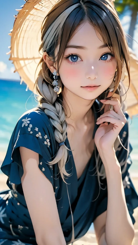 RAW Photos, Realistic, Ultra-realistic, Perfect Anatomy, Correct skeleton, Small face, 1 girl, masterpiece, (12years old:1.4),(Very Young Face), (japan Person femes idol), (1cute girl:1.4), 8k, Very detailed, , Very detailed face and eyes, ( Flat Body:1.34), cute, Downward, Silver Hair, Gray eyes, Beautiful face in every detail, Highly realistic photos, ((White sand beach, Palm tree, blue sea, blue sky)), Cowboy Shot, Beach parasol, Highest quality, Ultra-high resolution,(Enhances the beauty of skin texture:1.1),((Extremely precise and accurate anatomy:1.0)),Kind eyes,Graceful pose,(Beauty of form:1.4) Golden ratio, big eye,(nature's providence:1.4)