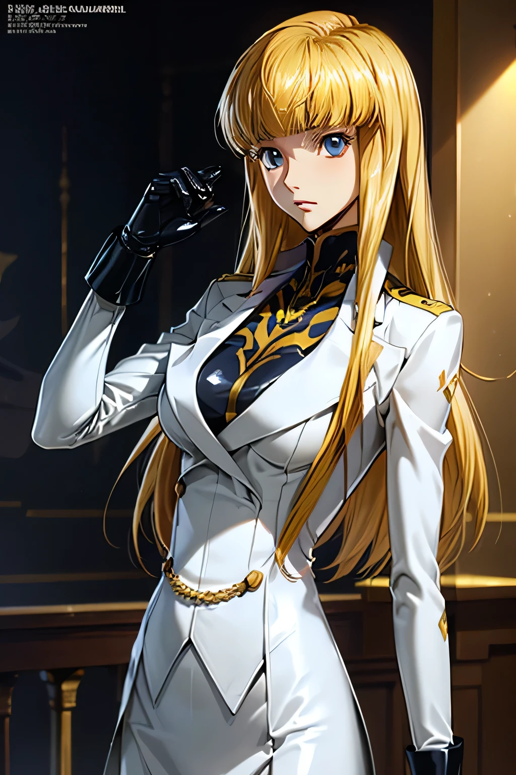 perfect anatomy top quality , Highest Resolution ,(((white latex military uniform with metallic luster Shiny Blonde Dark blue eyes))) Code Geass Monica long hair straight expressionless flat chest woman