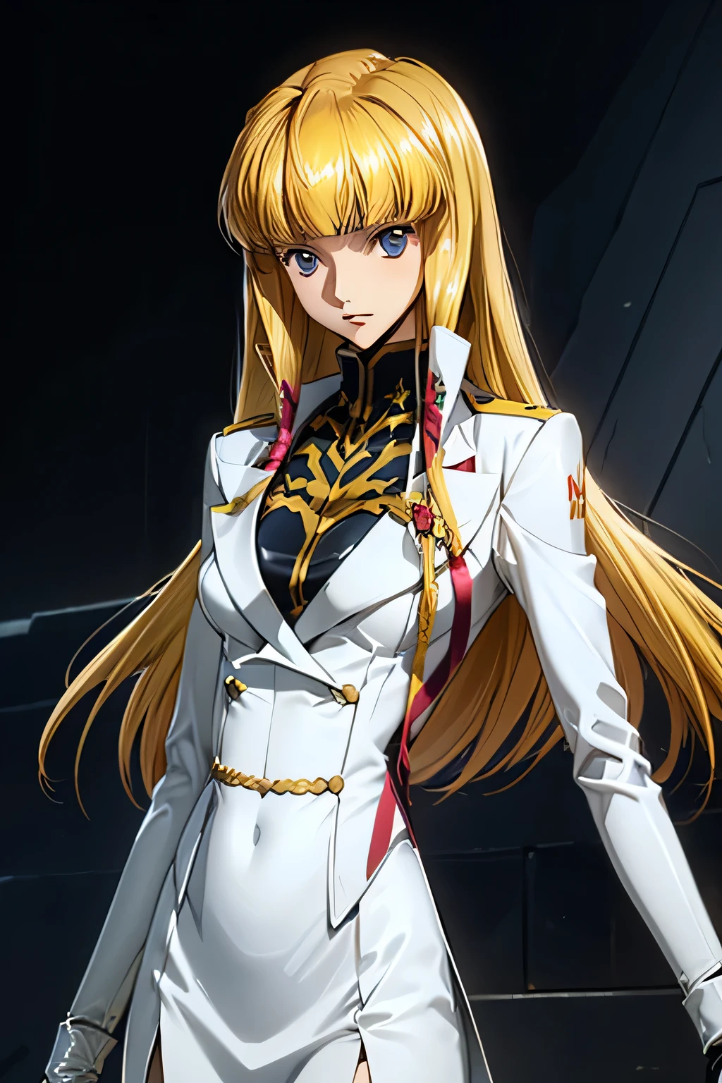 perfect anatomy top quality , Highest Resolution ,(((white latex military uniform with metallic luster Shiny Blonde Dark blue eyes))) Code Geass Monica long hair straight expressionless flat chest woman