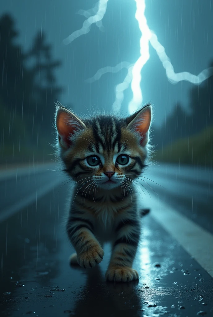 Create a picture of a striped kitten walking in the rain and lightning while crying on the highway