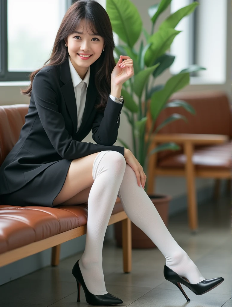 (true to life,Photorealistic 1.5),((best qualtiy, 8K, tmasterpiece:1.3)), (二重まぶた,largeeyes:1.3),(smile1.5),(Full body photo 1.5)(One person 1.5)Clear focus 1.2, Perfect body beauty:1.4 , Delicate skin1.1,(Long brown hair 1.5),(Delicate facial features1.4),(Pure desire 1.3)(Fishnet stockings 1.5)(The leg length is one meter two,1.5),White shirt,Gray trench coat,pleatedskirt,Slender legs,Round scalp shoes,Urban Street