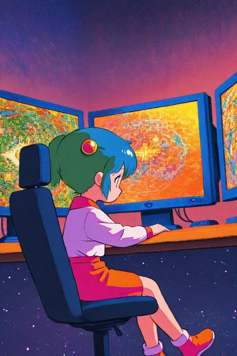  Woman Sitting on a Chair in Her Room Full of Monitors on the Wall , Her Teenage Room Filled with Computer Monitors Without Gaps,Decorative Space Paintings   , Gameplay screenshots  ,   colorful dystopian futurism,   Retrofuturistic Digital Painting, Fantastic anime  ,  ビデオ  game screenshot ,   detailed pictures of virtual worlds  ,    Colorful in Futuristic Hues   ,   Promotional Art  ,   game screenshot ,  neon color