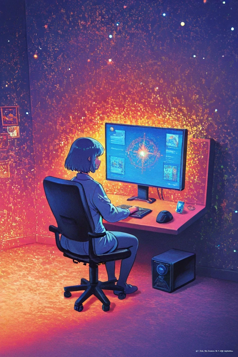  Woman Sitting on a Chair in Her Room Full of Monitors on the Wall , Her Teenage Room Filled with Computer Monitors Without Gaps,Decorative Space Paintings   , Gameplay screenshots  ,   colorful dystopian futurism,   Retrofuturistic Digital Painting, Fantastic anime  ,  ビデオ  game screenshot ,   detailed pictures of virtual worlds  ,    Colorful in Futuristic Hues   ,   Promotional Art  ,   game screenshot ,  neon color