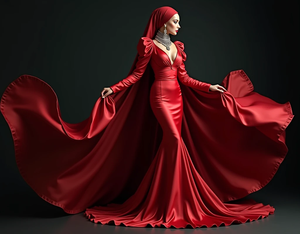 a sexy a woman covered in large red satin cloth, tied tightly with the satin cloth, mummified with satin cloth, the satin hanging down very long, a mermaid style dress, very long satin cloth, wearing a satin hijab, the satin cloth is very long, forming the curve of the body, wide and dramatic satin fabric tail , full body pose, see camera, masterpice, 4k resolution, ultra-realistic, highly detail.