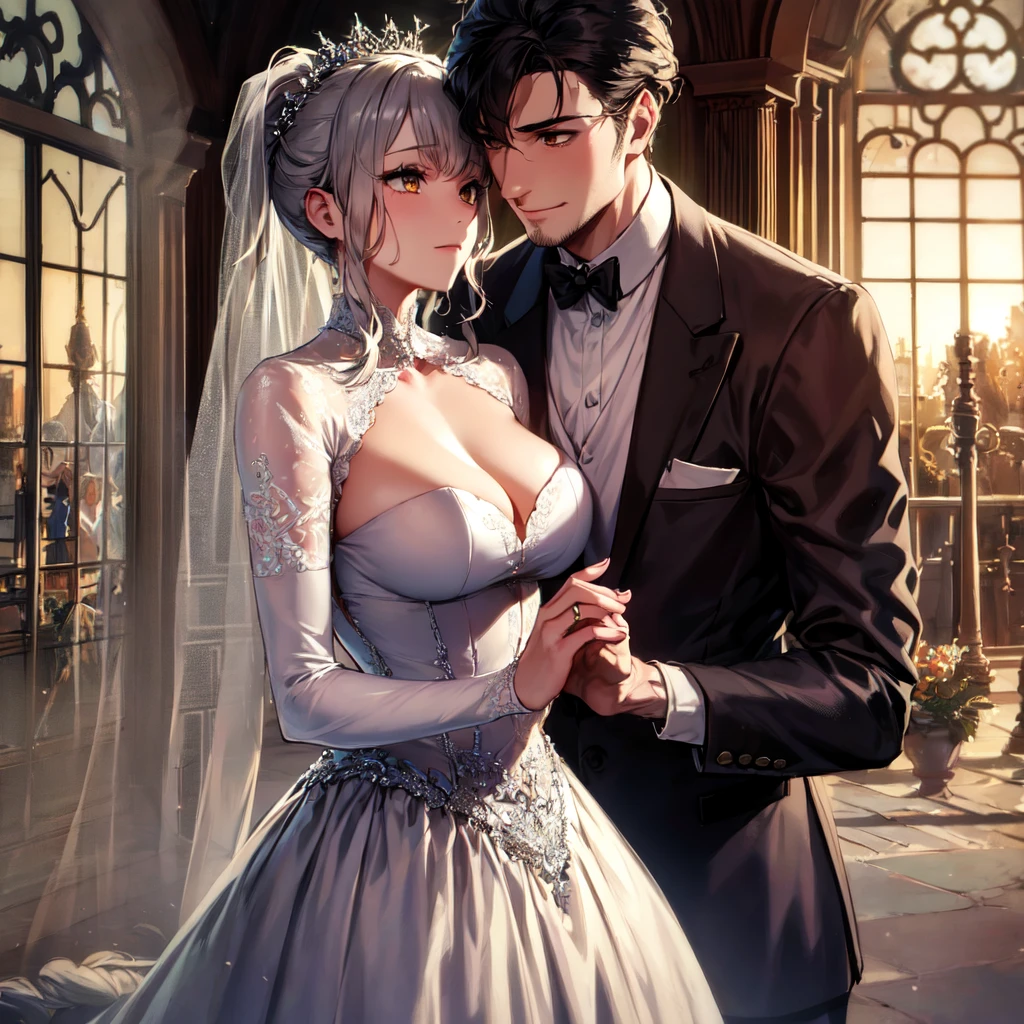 masterpiece, Best quality, masterpiece, Best quality, masterpiece, Best quality, masterpiece, Best quality, high quality, High detail, Ultra detail, HD, 4k, 4280x2240, depth field, (HDR:1.9), Correct anatomy, a masculine boy with short hair black hair abundant brown eyes with full wedding suit from groom to gentleman's suit and Palto flu pants and a girl with very long hair messy hair curly hair wavy hair (((silver hair))) high ponytail with yellow eyes in wedding dress, Dream wedding dress. love. Hand in hand looking at the New Year's sunset sunrise while kissing at church wedding with wedding rings on boy finger and wedding rings on girl finger and smiles, detail, ultra-detail, correct_position, correct_texture, correct_colors, correct_shading, correct_cgi, correct_body, correct_anatomy, correct_proportion, (correct_complete_body)
