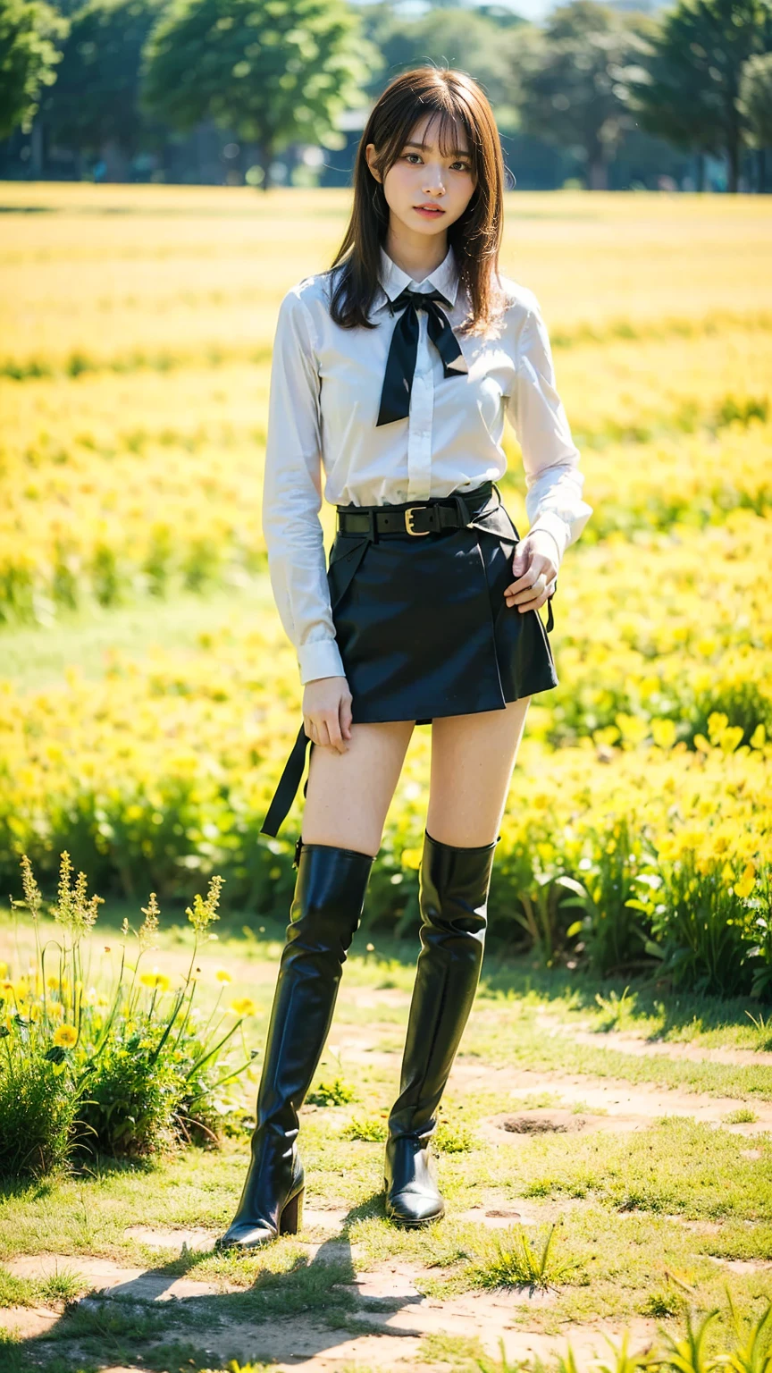 (8k、     RAW photos   、   top quality、masterpiece   :1.2)、(   realistic  、   realistic  )、1 person、((bangs、 straight hair、 breast bulge、Ribbon on chest、 boots、 shirt、 Long Sleeve 、whole body、 Black Tight Miniskirt 、Flower Field、belt、Narrow waist、 Stand with hands on hips、 standing facing you   )、 cute