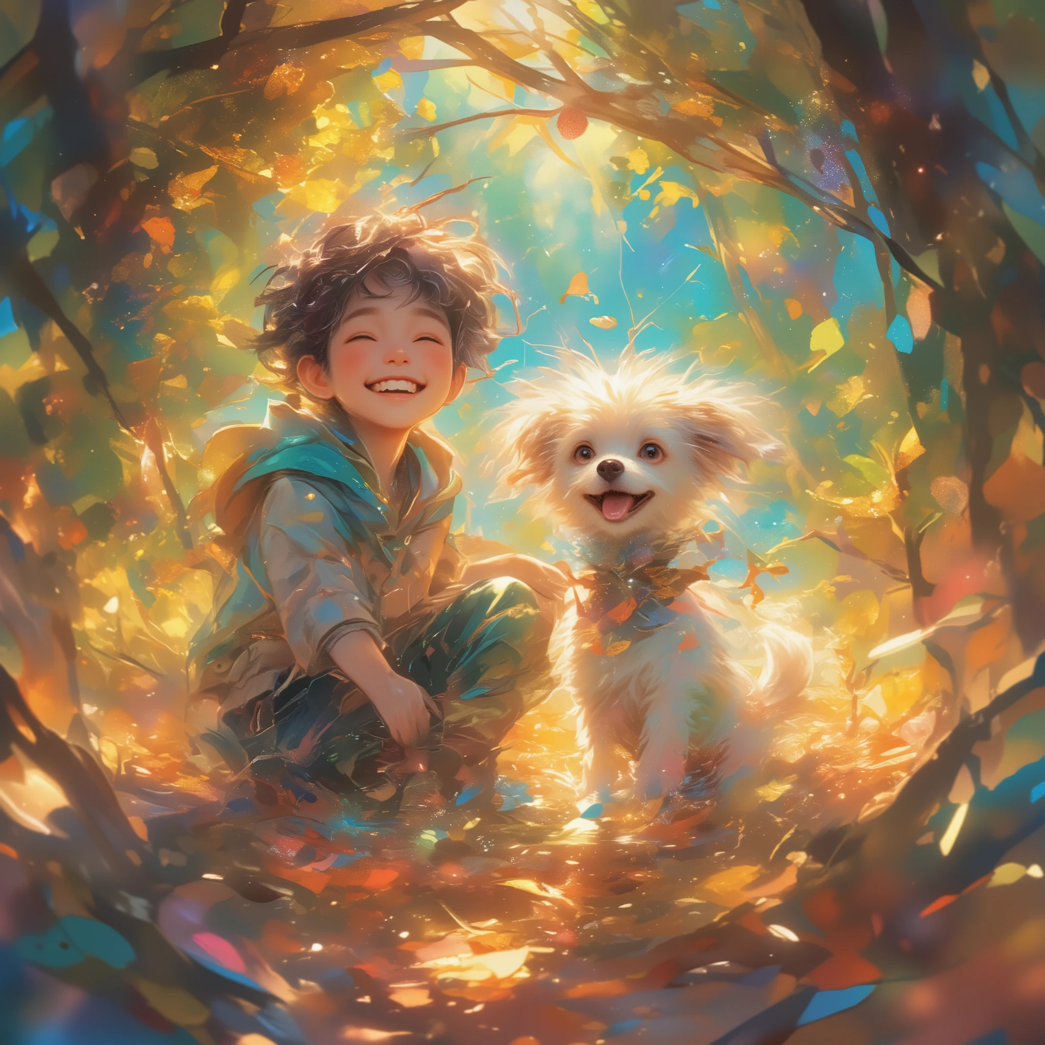 {A Maltese puppy smiles happily beside a cute American boy}, Grunge, Photorealistic, Psychedelic, gradation, a vibrant autumn forest with golden, red, and orange leaves carpeting the ground, sunlight filtering through the branches.